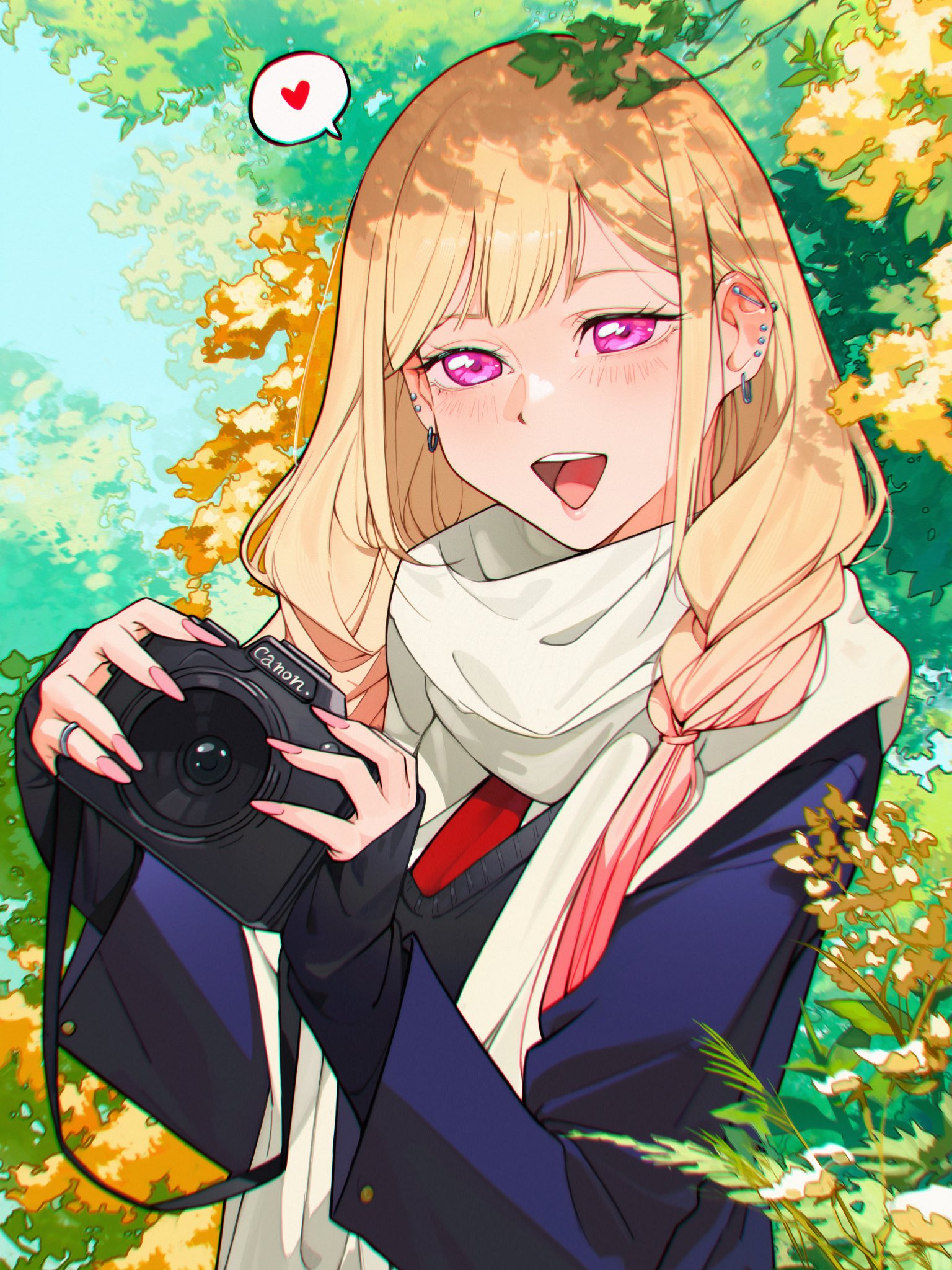 cesar art456, kitagawa marin, sono bisque doll wa koi wo suru, highres, 1girl, blonde hair, day, earrings, heart, holding, jewelry, long hair, long sleeves, looking at viewer, multicolored hair, nature, open mouth, outdoors, pink eyes, pink hair, ring, scarf, smile, solo, spoken heart, two-tone hair, white scarf