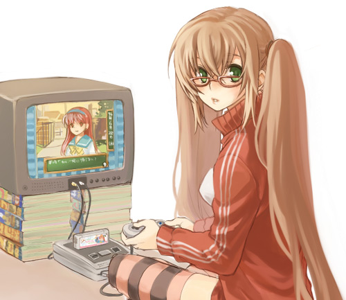 yuuryuu nagare, original, super famicom, tokimeki memorial, lowres, 1girl, book, brown hair, female focus, game console, glasses, long hair, on floor, playing games, sitting, solo, striped clothes, striped thighhighs, super nintendo, television, thighhighs, twintails, very long hair, video game