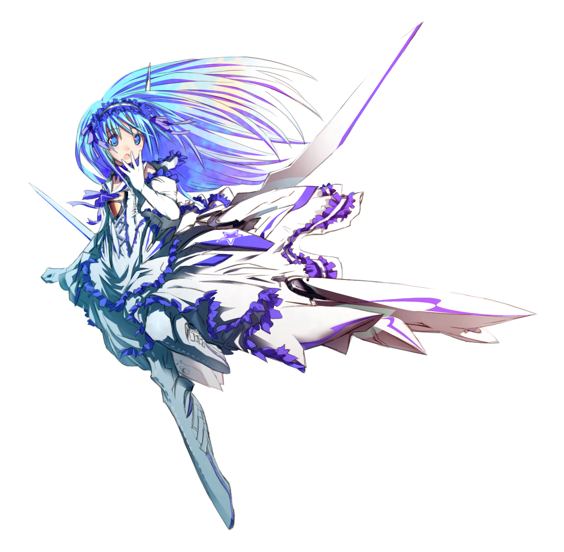 star (ikaruga), original, 1girl, aircraft, airplane, blue eyes, blue hair, dress, female focus, matching hair/eyes, mecha musume, solo