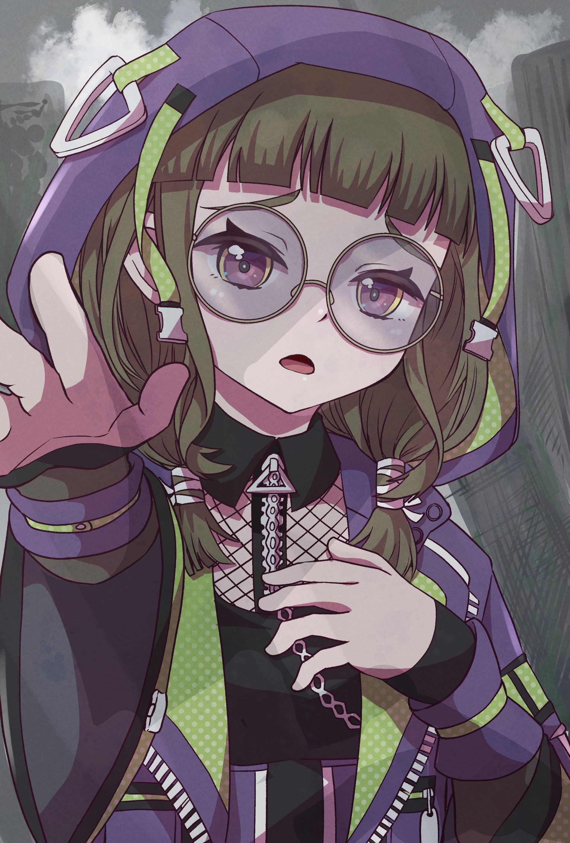 sivematsu, kachimachi kosuzu, link! like! love live!, love live!, absurdres, commentary request, highres, 1girl, black shirt, blunt bangs, brown hair, coat, collared shirt, d:, fishnet top, fishnets, hair ribbon, hood, hood up, i my mayday, looking at viewer, low twintails, medium hair, official alternate costume, official alternate hairstyle, open clothes, open coat, open hands, open mouth, pink eyes, purple coat, raised inner eyebrows, ribbon, shirt, short twintails, solo, twintails, upper body, virtual youtuber, white ribbon