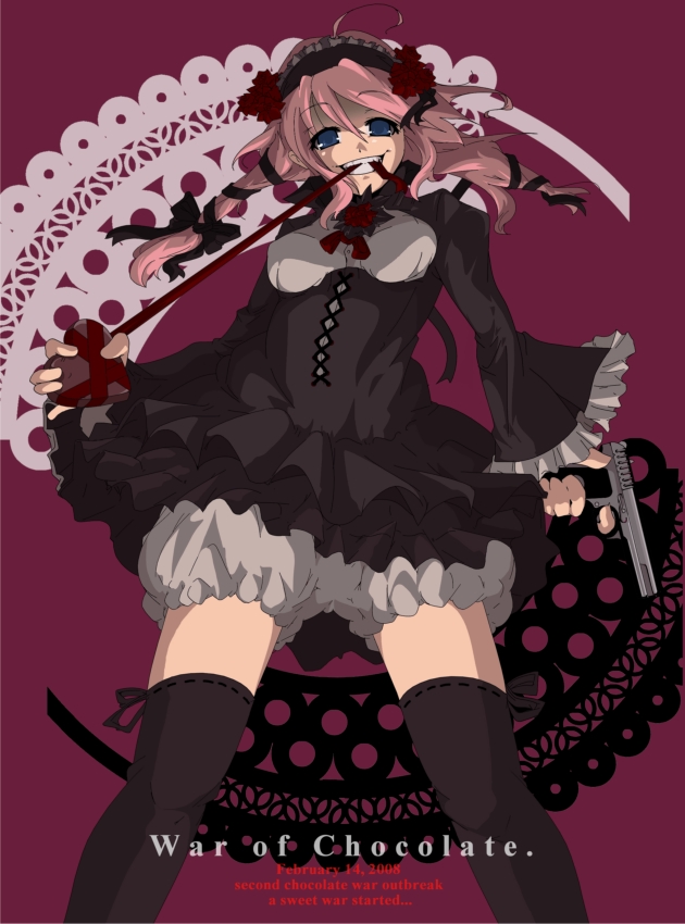 yamazaki kazu, original, ahoge, black dress, black thighhighs, bloomers, blue eyes, bow, chocolate, dress, english text, engrish text, flower, frills, goth fashion, gothic lolita, grin, gun, hair bow, hair ribbon, handgun, headdress, heart, lolita fashion, long hair, mouth hold, pink hair, pistol, ranguage, ribbon, rose, semi-automatic pistol, short dress, smile, solo, thighhighs, tokarev, tokarev tt-33, underwear, valentine, weapon, white bloomers, yandere, zettai ryouiki