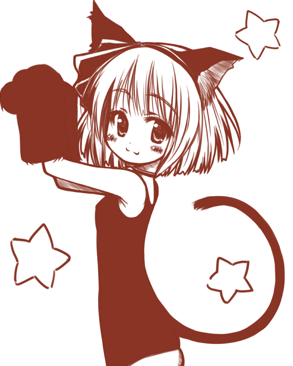 konpaku youmu, touhou, 1girl, animal ears, cat ears, cat girl, cat tail, female focus, monochrome, red theme, solo, tail