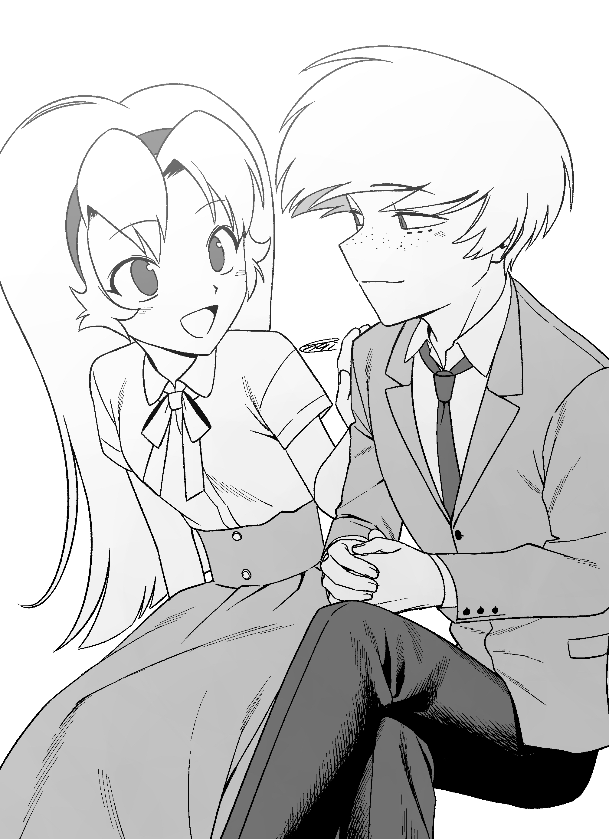 menma (enaic31), angel dust, molly (hazbin hotel), hazbin hotel, hellaverse, absurdres, commentary request, highres, 1boy, 1girl, :d, bow, bowtie, breasts, brother and sister, buttons, closed mouth, collared shirt, crossed legs, eye contact, facial mark, feet out of frame, fingernails, freckles, greyscale, hairband, hand on another's shoulder, high-waist skirt, humanization, jacket, lapels, layered sleeves, long hair, looking at another, monochrome, necktie, no pupils, notched lapels, open mouth, own hands together, pants, shirt, shirt tucked in, short hair, siblings, signature, simple background, skirt, small breasts, smile, tongue, white background