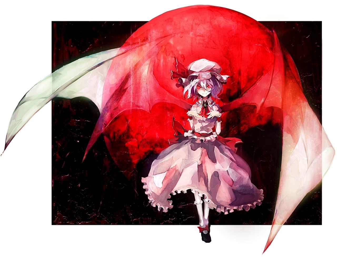 banpai akira, remilia scarlet, touhou, 1girl, ascot, bat wings, bow, brooch, dress, female focus, frills, hat, jewelry, moon, purple hair, red eyes, red moon, short hair, socks, solo, vampire, white socks, wings, wrist cuffs