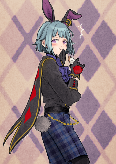 yamo (miyamo), shino hajime, white rabbit (alice in wonderland), alice's adventures in wonderland, ensemble stars!, 1boy, animal ear hairband, animal ears, argyle background, ascot, black bunny (ensemble stars!), black gloves, black jacket, black pantyhose, blush, chewing, cosplay, covering own mouth, cowboy shot, fake animal ears, gloves, hairband, jacket, male focus, official alternate costume, pantyhose, plaid clothes, plaid shorts, purple ascot, purple eyes, rabbit tail, shorts, solo, sweatdrop, tail, white rabbit (alice in wonderland) (cosplay)
