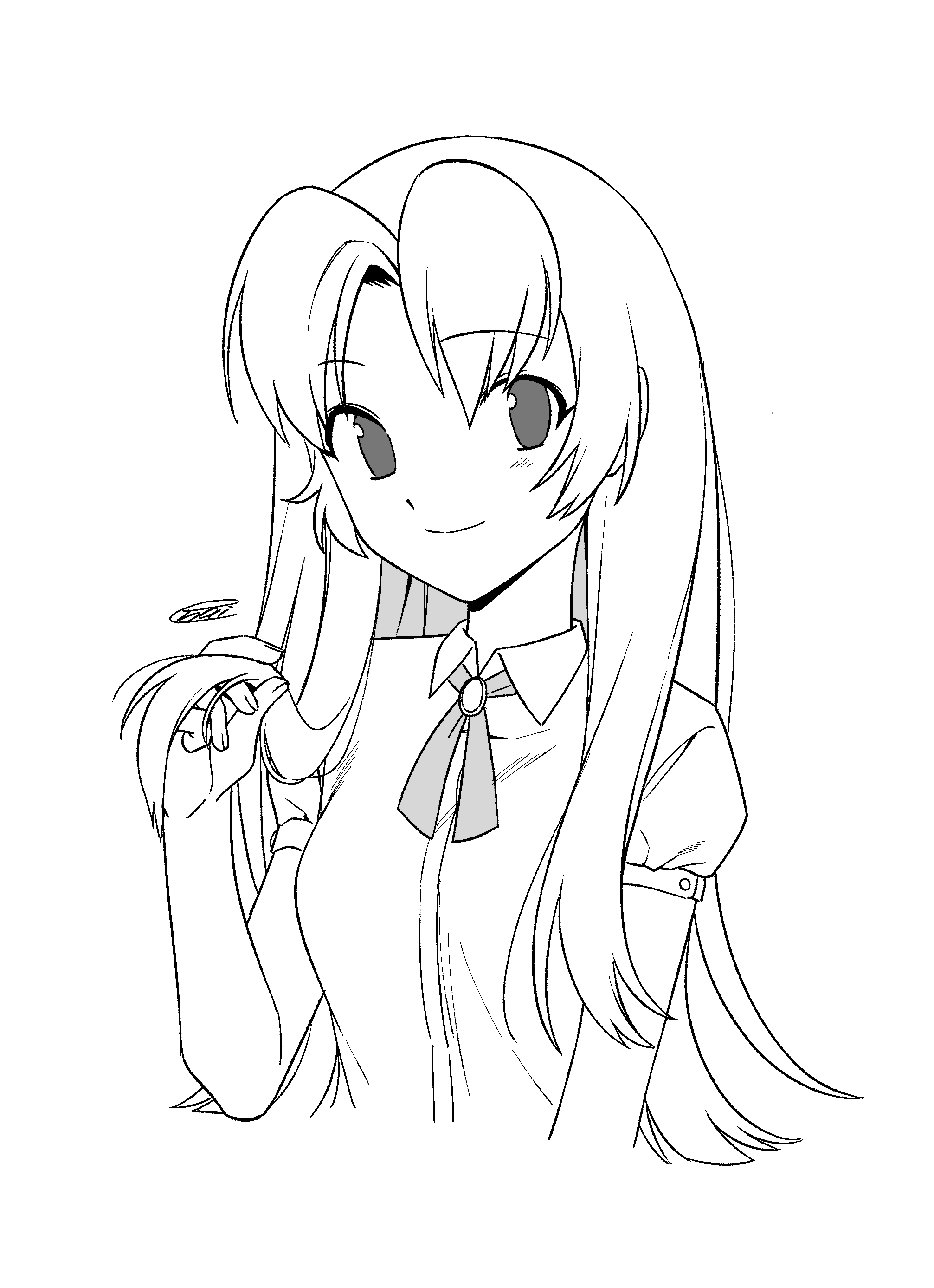 menma (enaic31), molly (hazbin hotel), hazbin hotel, hellaverse, absurdres, commentary request, highres, 1girl, bow, bowtie, breasts, brooch, closed mouth, collared shirt, cropped torso, hand up, holding, holding own hair, jewelry, long hair, looking at viewer, no pupils, puffy short sleeves, puffy sleeves, shirt, short sleeves, signature, simple background, small breasts, smile, solo, white background