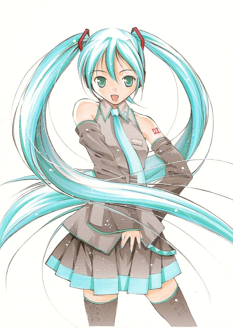 moonsorrow, hatsune miku, vocaloid, bad id, bad pixiv id, 1girl, aqua hair, aqua necktie, black thighhighs, blouse, collared shirt, cowboy shot, detached sleeves, female focus, grey shirt, hair between eyes, long hair, miniskirt, necktie, open mouth, shirt, simple background, skirt, solo, tattoo, thighhighs, twintails, very long hair, white background