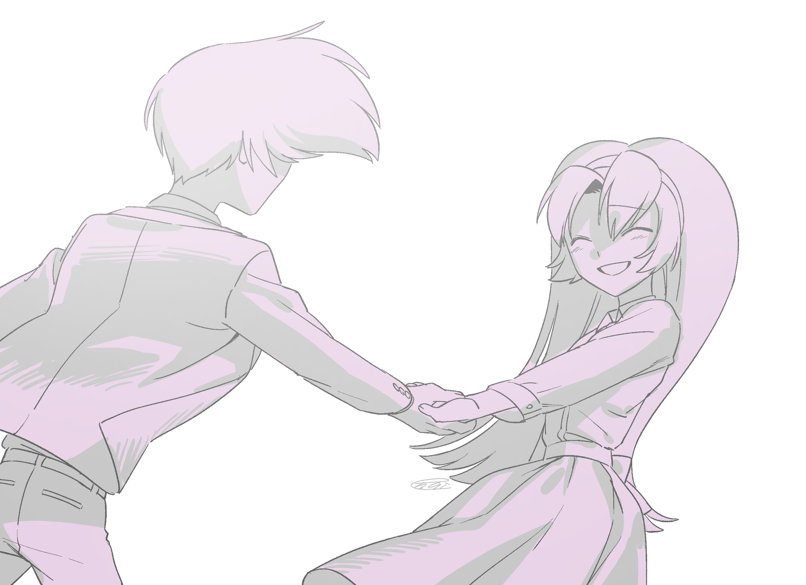 menma (enaic31), angel dust, molly (hazbin hotel), hazbin hotel, hellaverse, commentary request, highres, 1boy, 1girl, :d, ^ ^, belt, brother and sister, buttons, closed eyes, collared shirt, cowboy shot, face-to-face, facing another, from behind, from below, greyscale, grin, hair between eyes, holding hands, humanization, jacket, long hair, long sleeves, medium skirt, monochrome, open clothes, open jacket, open mouth, shirt, shirt tucked in, short hair, siblings, simple background, skirt, smile, standing, white background