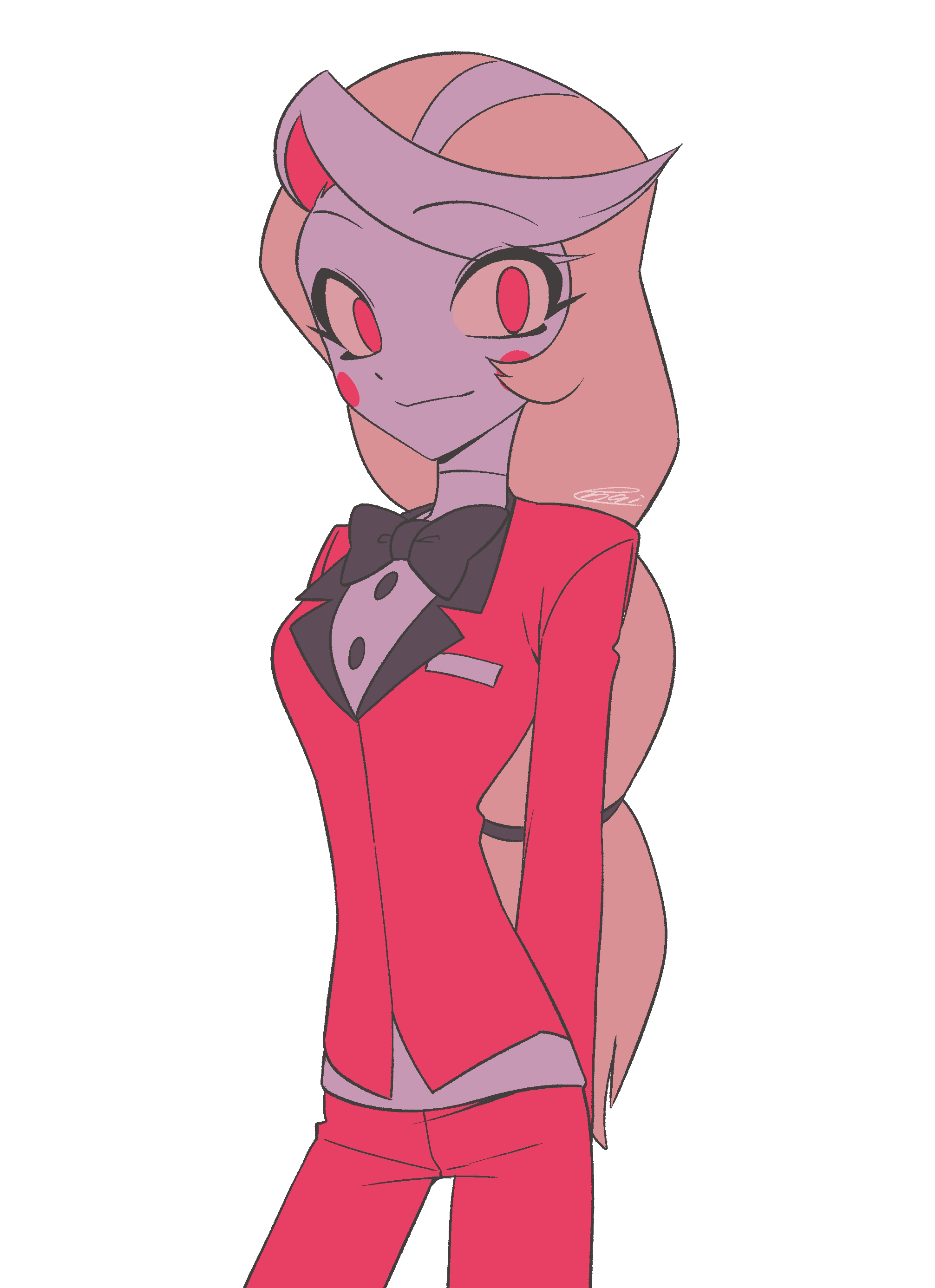 menma (enaic31), charlie morningstar, hazbin hotel, hellaverse, absurdres, commentary request, highres, 1girl, arms behind back, black bow, black bowtie, blonde hair, bow, bowtie, breasts, buttons, circle facial mark, closed mouth, colored sclera, colored skin, cowboy shot, flat color, jacket, lapels, long hair, looking at viewer, low-tied long hair, multicolored hair, no pupils, notched lapels, pants, red eyes, red hair, red jacket, red pants, shirt, signature, simple background, small breasts, smile, solo, standing, traditional bowtie, two-tone hair, white background, white shirt, white skin, yellow sclera