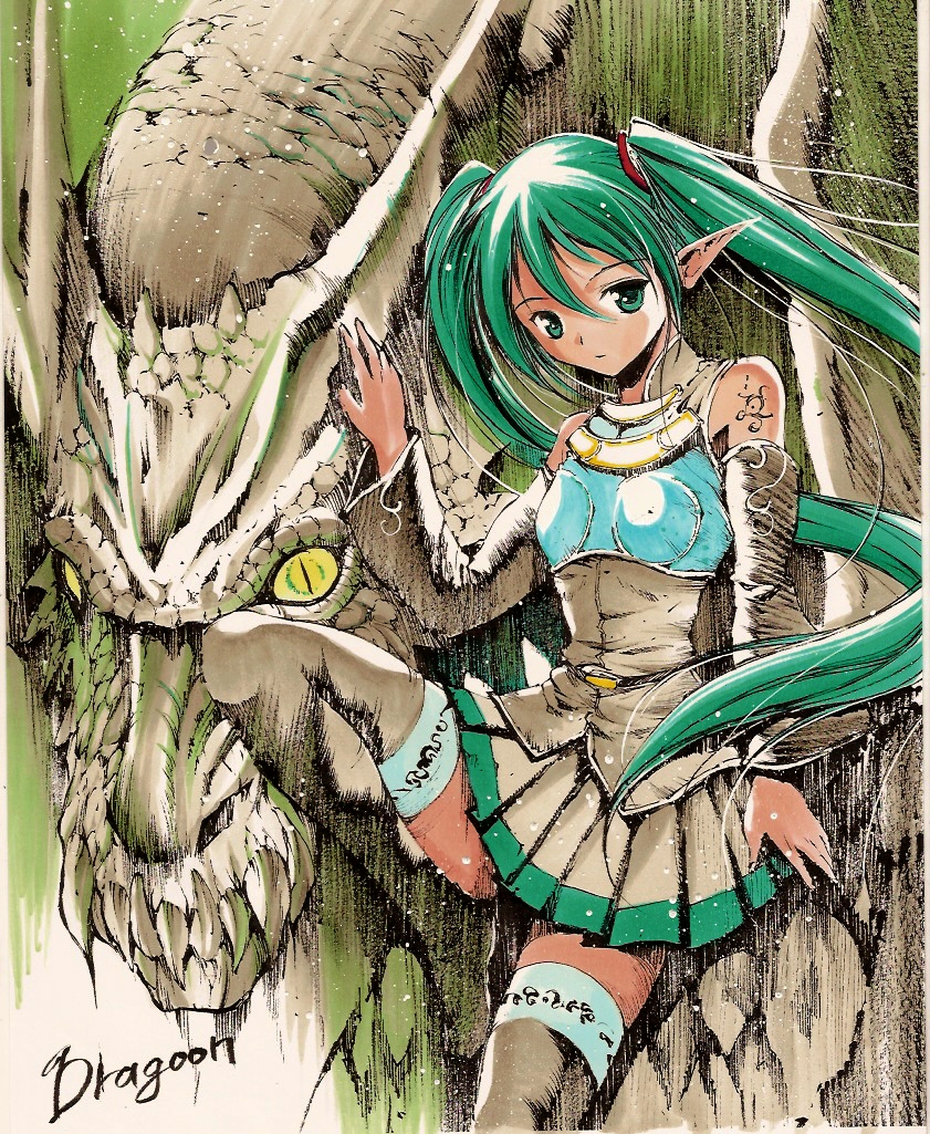 moonsorrow, hatsune miku, vocaloid, bad id, bad pixiv id, dragon, green eyes, green hair, pointy ears, solo, thighhighs, twintails