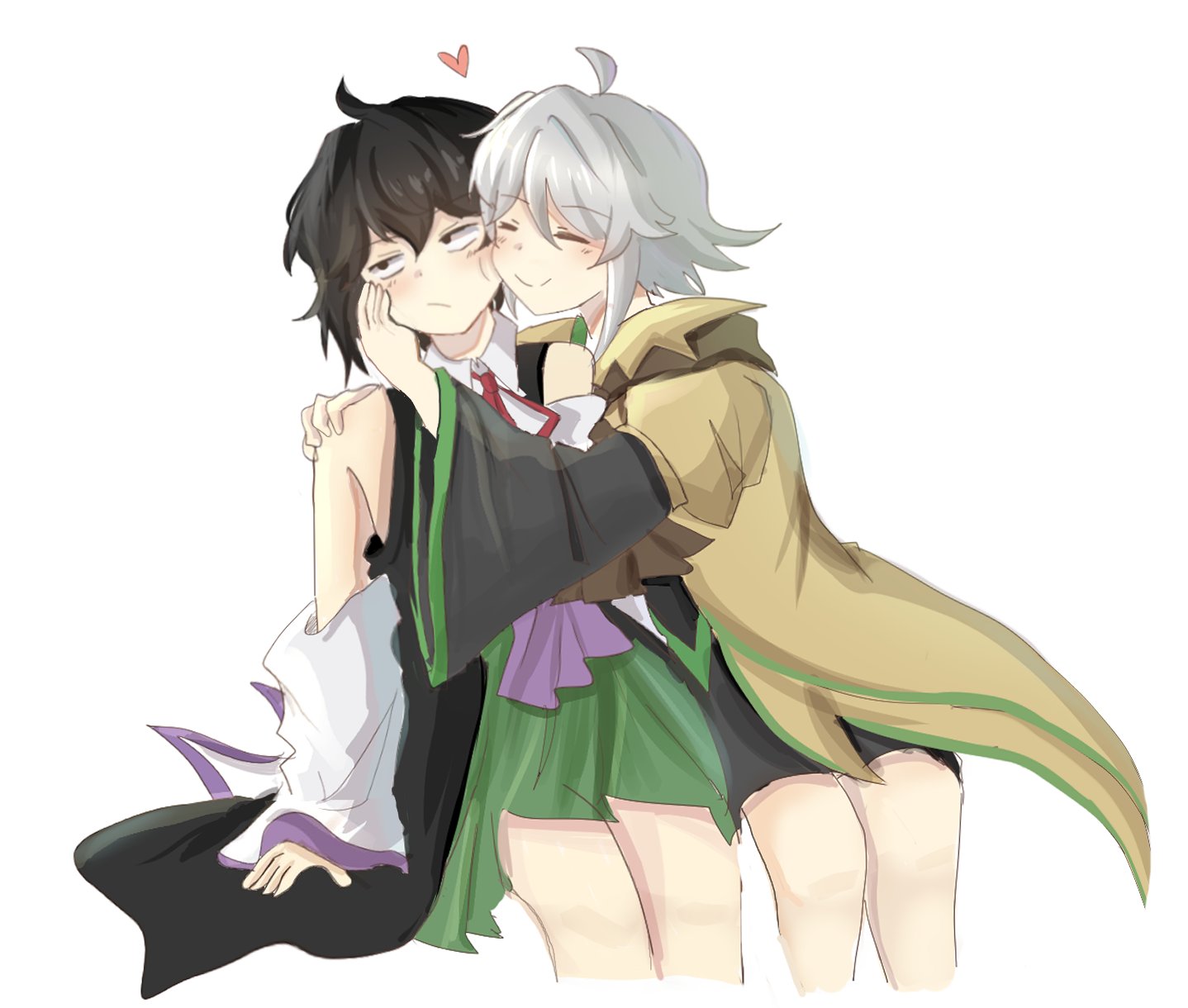 temshi, enraku tsubakura, houlen yabusame, len'en, highres, 2others, ^ ^, ahoge, androgynous, annoyed, ascot, bare legs, bare shoulders, black coat, black eyes, black hair, black shorts, brown ascot, brown coat, cheek press, closed eyes, coat, coattails, collared coat, collared shirt, cropped legs, detached sleeves, green hakama, grey hair, hair between eyes, hakama, hakama short skirt, hakama skirt, happy, heads together, heart, hug, invisible chair, japanese clothes, jinbei (clothes), knees, lapels, layered sleeves, light blush, long sleeves, multiple others, neck ribbon, no headwear, notched lapels, other focus, other with other, puffy short sleeves, puffy sleeves, red ribbon, ribbon, rolling eyes, shirt, short hair, short hair with long locks, short over long sleeves, short sleeves, shorts, simple background, sitting, skirt, sleeveless, sleeveless coat, sleeveless shirt, smile, white background, white shirt, white sleeves, wide sleeves