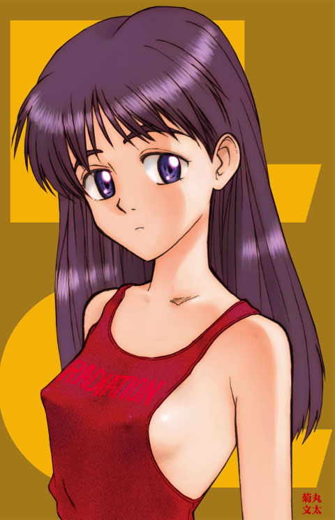 freddie, kikumaru bunta, ninamori eri, flcl, 00s, 1girl, breasts, covered erect nipples, female focus, long hair, no bra, purple eyes, purple hair, sideboob, small breasts, solo, tank top