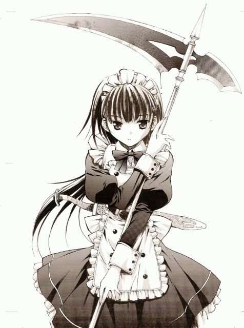 moonsorrow, original, bad id, bad pixiv id, 1girl, apron, blood, bloody weapon, collared dress, cowboy shot, dress, female focus, greyscale, holding, holding behind back, holding sword, holding sword behind back, holding weapon, holding weapon behind back, long hair, maid, maid apron, monochrome, scythe, simple background, solo, sword, very long hair, weapon, white background