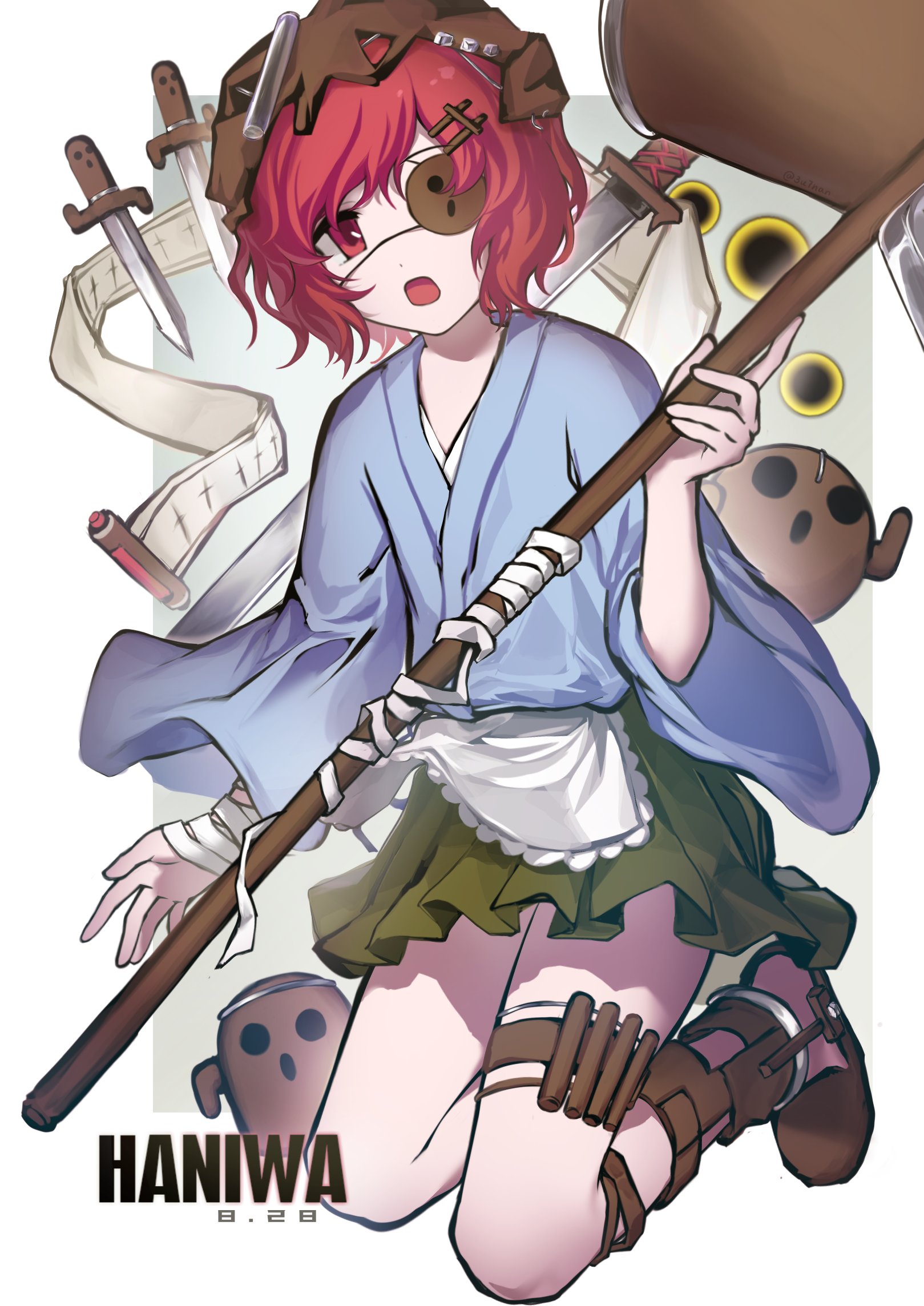 euthan, katano sukune, len'en, highres, 1other, androgynous, apron, armor, blue kimono, border, brown hakama, brown helmet, brown slippers, dagger, dated, eyepatch, floating clothes, frilled apron, frills, full body, grey background, hakama, hakama short skirt, hakama skirt, hammer, haniwa (statue), helmet, holding, holding hammer, japanese clothes, katano sukune's bottle opener, kimono, kneeling, knife, long sleeves, looking at viewer, open mouth, other focus, outside border, red eyes, red hair, scroll, short hair, short kimono, skirt, slippers, solo, thigh strap, waist apron, weapon, white apron, white border, wide sleeves