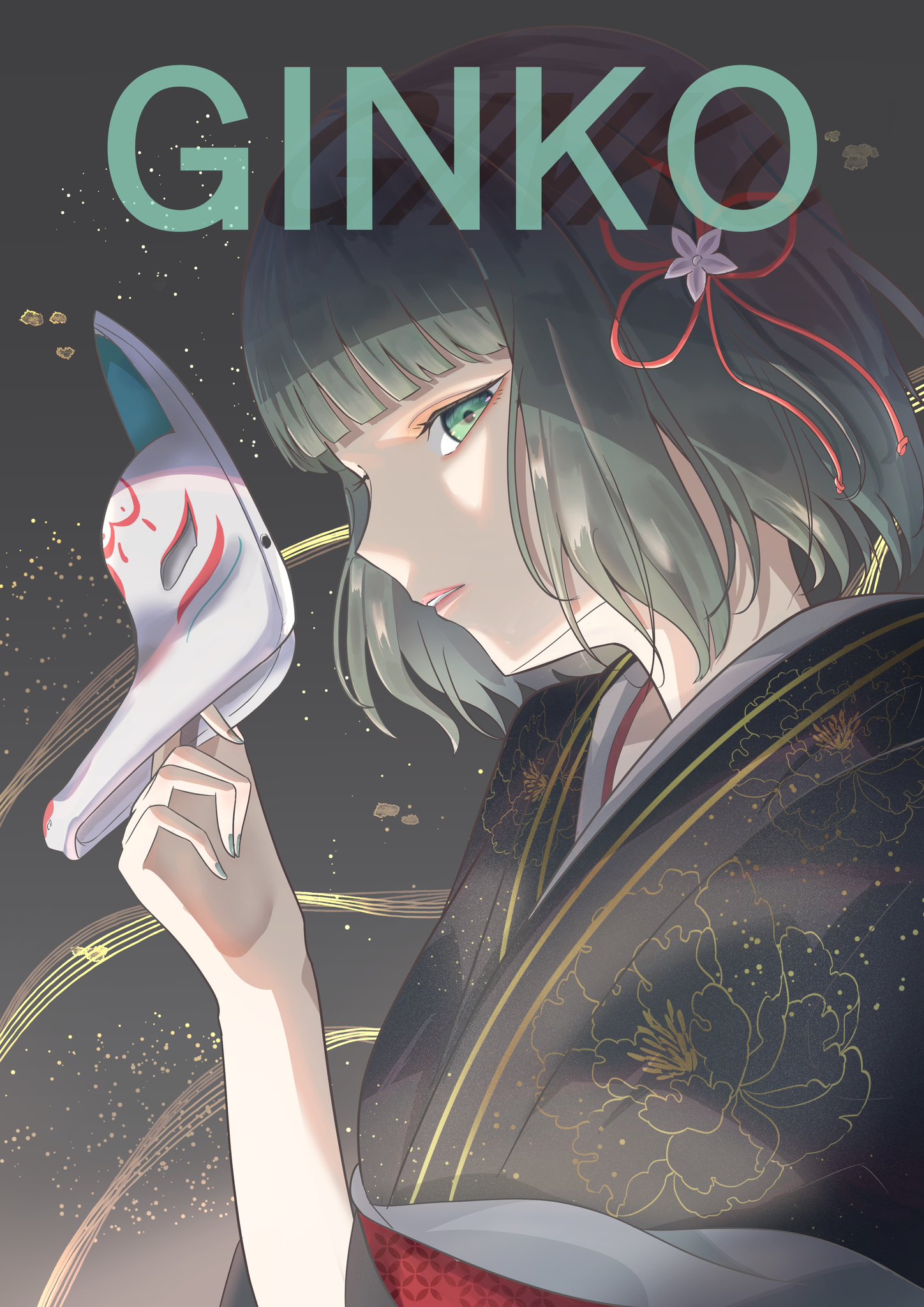 caricariume, momose ginko, link! like! love live!, love live!, commentary, highres, 1girl, alternate costume, black background, black hair, black kimono, blunt bangs, bob cut, character name, floral print, floral print kimono, flower, flower knot, fox mask, green eyes, hair flower, hair ornament, holding, holding mask, japanese clothes, kimono, light particles, lips, mask, obi, obiage, parted lips, print kimono, red sash, sash, short hair, simple background, solo, upper body, virtual youtuber, white flower