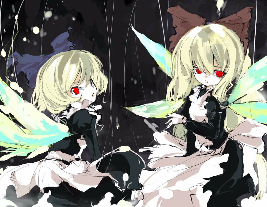 mo, shunsei (muratou), hourai doll, shanghai doll, touhou, 2girls, apron, blonde hair, female focus, multiple girls, red eyes, wings