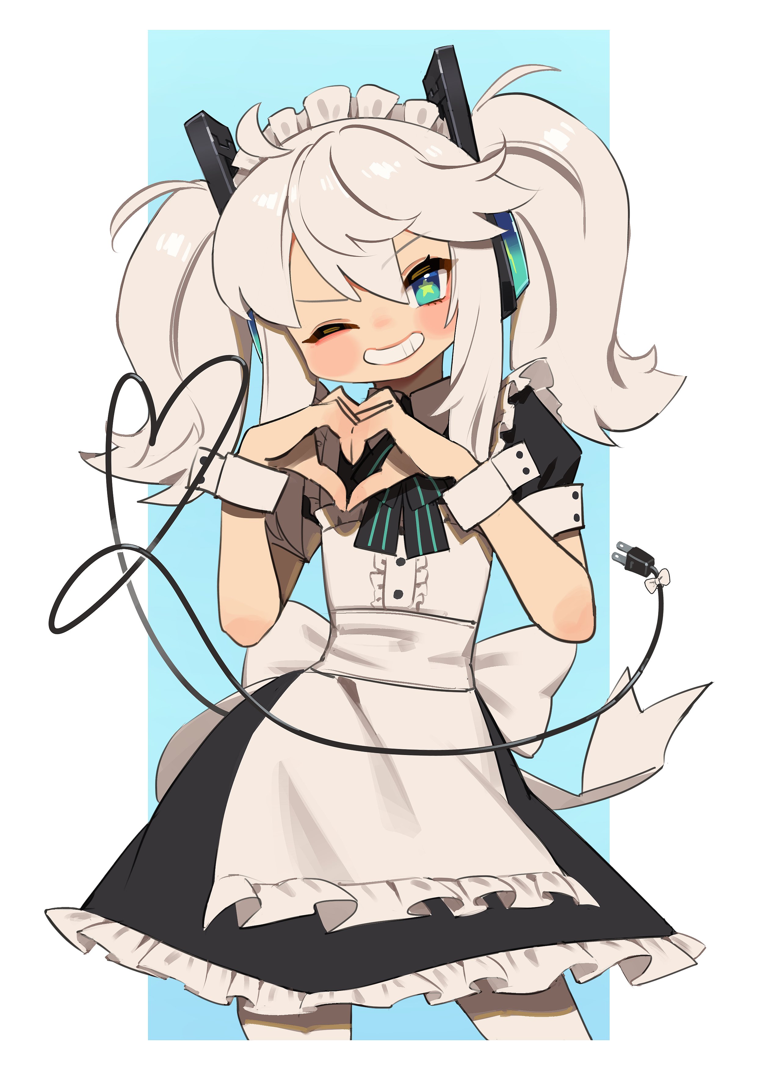 tostantan, digitan (porforever), original, absurdres, commentary, english commentary, highres, 1girl, ;), ahoge, apron, aqua eyes, back bow, bare arms, blue background, blush, borrowed character, bow, center frills, contrapposto, cowboy shot, electric plug, electric plug tail, frilled apron, frills, grin, hair between eyes, heart, heart hands, heart tail, large bow, long hair, looking at viewer, maid, maid apron, maid headdress, one eye closed, puffy short sleeves, puffy sleeves, robot ears, short sleeves, simple background, smile, solo, star-shaped pupils, star (symbol), symbol-shaped pupils, tail, tail bow, tail ornament, twintails, white apron, white bow, white hair, wrist cuffs