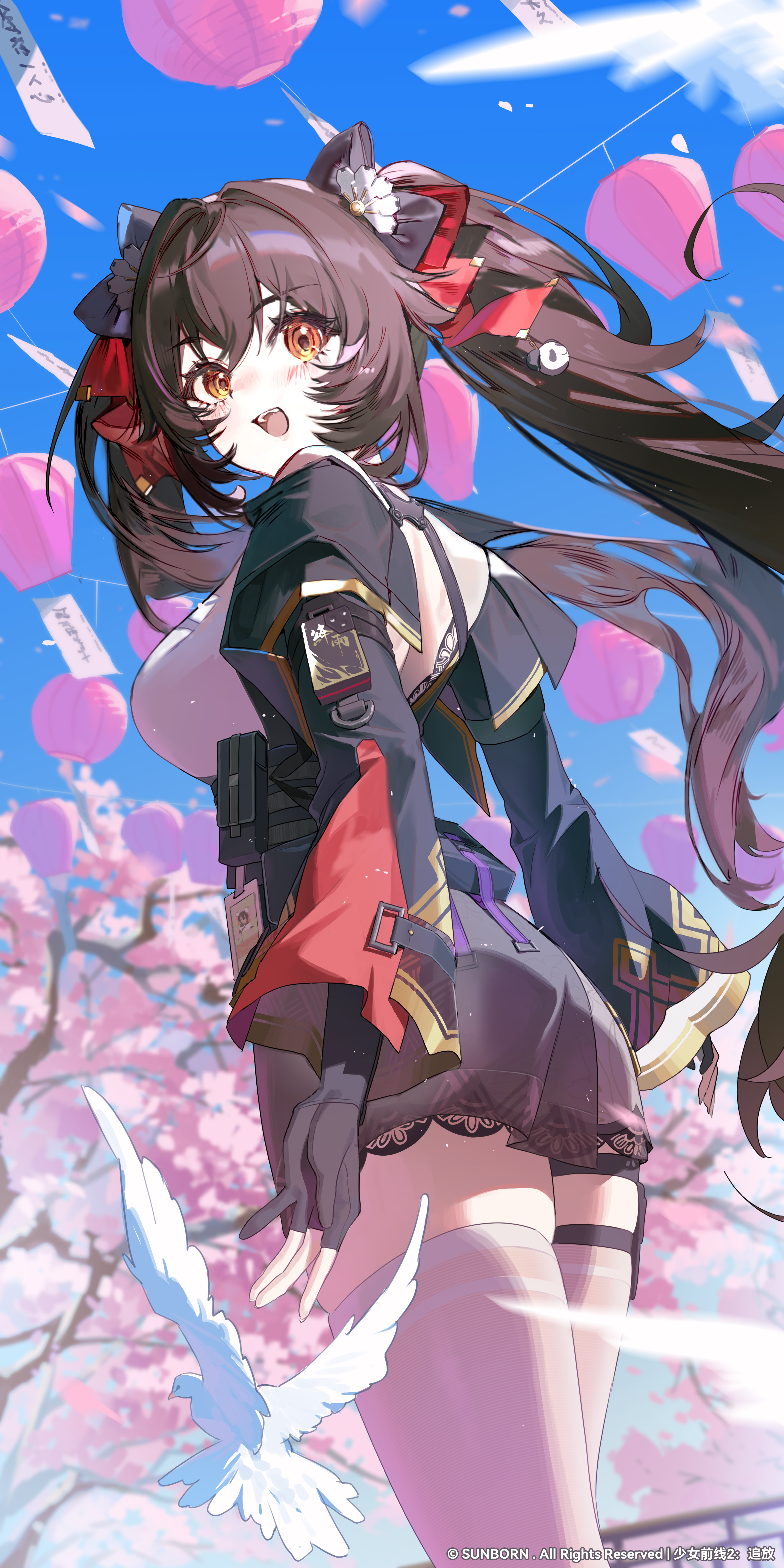 jiangyu (girls' frontline 2), type 97 (girls' frontline), girls' frontline, girls' frontline 2: exilium, absurdres, artist request, chinese commentary, commentary request, highres, official art, 1girl, bird, black gloves, blue sky, blush, bow, breasts, brown hair, cherry blossoms, dove, gloves, hair bow, lantern, looking at viewer, open mouth, orange eyes, paper lantern, partially fingerless gloves, pouch, red bow, sky, smile, solo, teeth, thighhighs, twintails, upper teeth only, white thighhighs