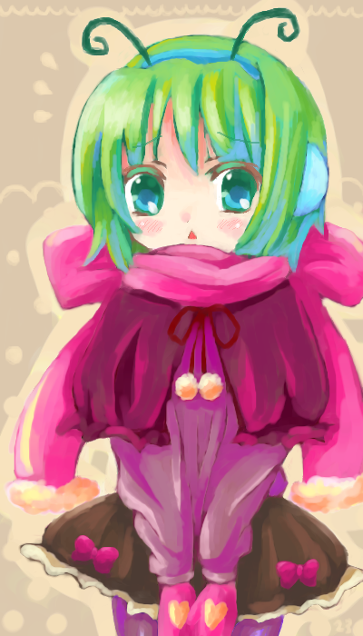 23, 23 (candy chapus), wriggle nightbug, touhou, 1girl, antennae, earmuffs, female focus, green eyes, green hair, matching hair/eyes, oekaki, pantyhose, scarf, solo