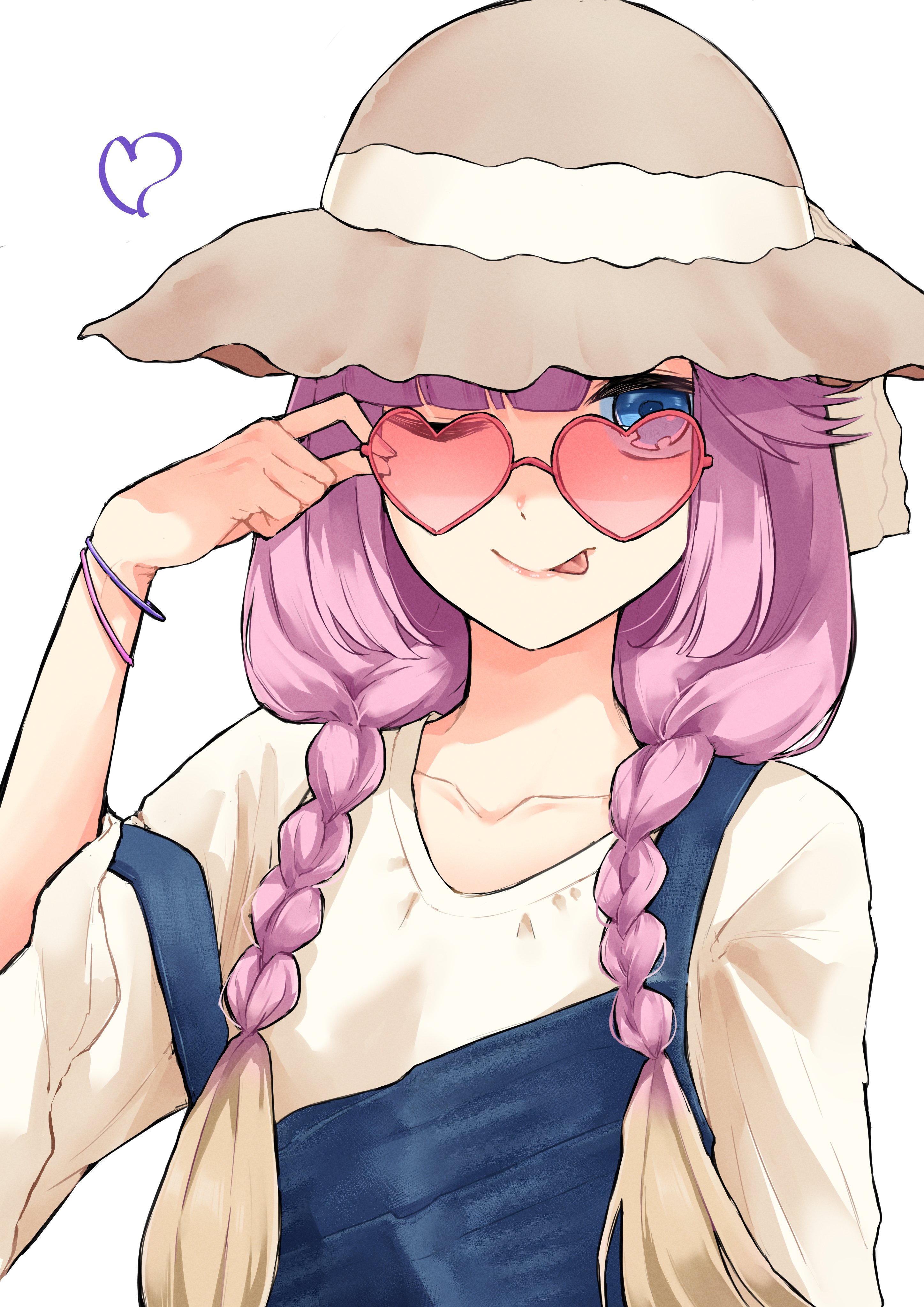 mendo (mend0o0 ), anyoji hime, link! like! love live!, love live!, absurdres, commentary, highres, 1girl, ;p, blonde hair, blue eyes, blue overalls, brown hat, gradient hair, hat, heart, heart-shaped eyewear, looking at viewer, multicolored hair, official alternate costume, one eye closed, overalls, pink-tinted eyewear, pink hair, red-framed eyewear, shirt, simple background, solo, strap slip, sun hat, t-shirt, tinted eyewear, tongue, tongue out, upper body, virtual youtuber, white background, white shirt