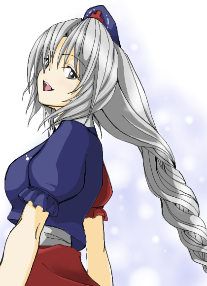 kajiki, yagokoro eirin, touhou, 1girl, :d, blush, braid, cross, dress, female focus, from side, hat, long hair, looking at viewer, looking to the side, low-braided long hair, low-tied long hair, multicolored dress, nurse cap, oekaki, open mouth, puffy short sleeves, puffy sleeves, short sleeves, single braid, smile, solo, upper body