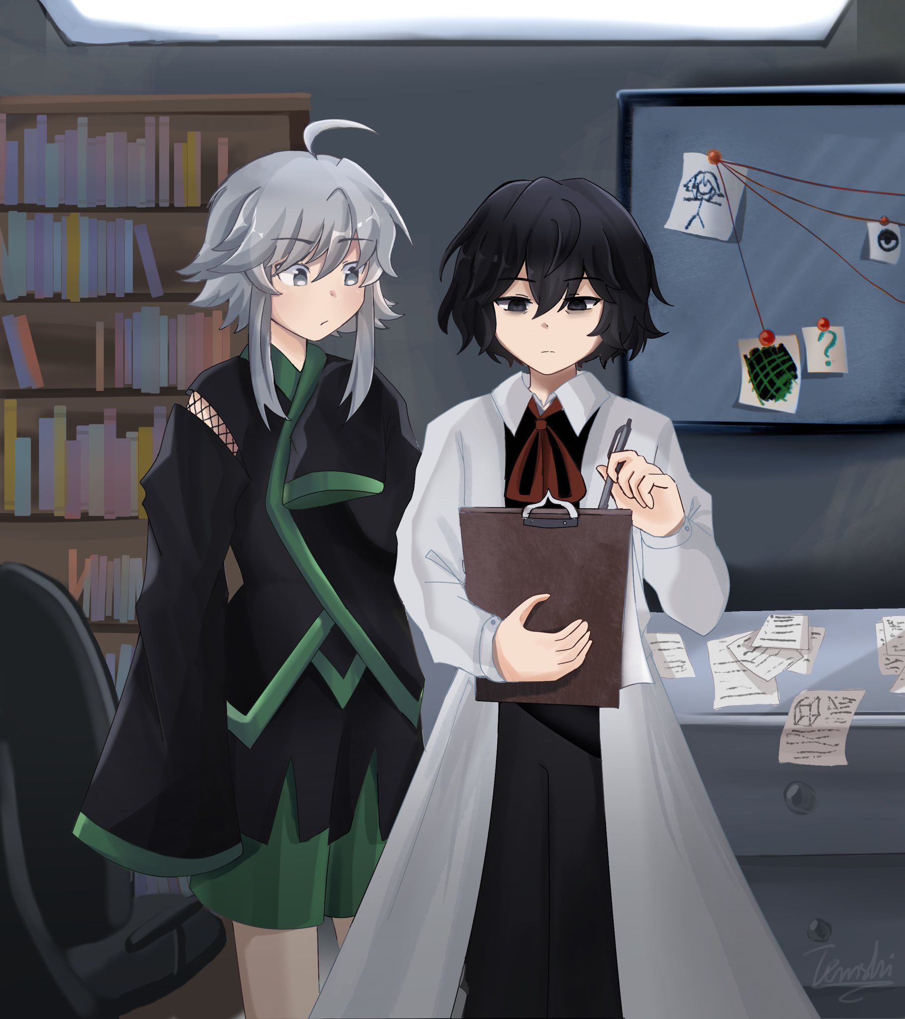 temshi, enraku tsubakura, houlen yabusame, len'en, highres, 2others, ?, ahoge, alternate costume, androgynous, bags under eyes, black eyes, black hair, black kimono, black pants, black shirt, black shorts, black sleeves, book, bookshelf, bulletin board, ceiling light, chair, clipboard, closed mouth, collared shirt, desk, detached sleeves, dot nose, exhausted, expressionless, eye of senri, feet out of frame, grey eyes, grey hair, hair between eyes, height difference, holding, holding clipboard, holding pen, indoors, japanese clothes, jinbei (clothes), kimono, lab coat, laboratory, lapels, light blush, long sleeves, looking at another, multiple others, neck ribbon, no headwear, office chair, other focus, pants, paper, partially undressed, pen, red ribbon, ribbon, shirt, short hair with long locks, short kimono, shorts, sidelocks, sleeves past fingers, sleeves past wrists, standing, stick figure, swivel chair, wide sleeves, writing
