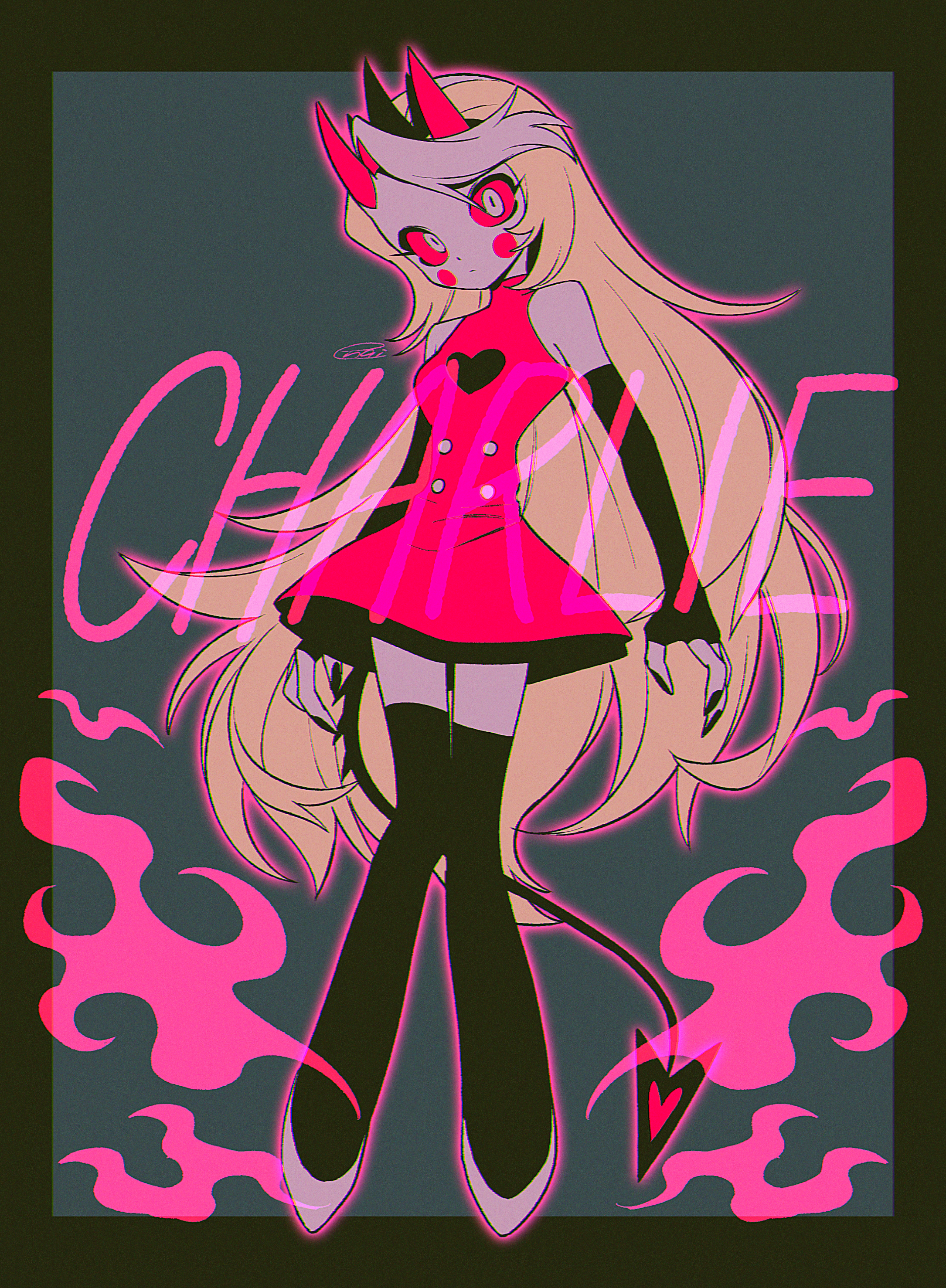 menma (enaic31), charlie morningstar, hazbin hotel, hellaverse, absurdres, commentary request, highres, 1girl, arms at sides, bare shoulders, black border, black gloves, black nails, black tail, black thighhighs, black trim, blonde hair, border, breasts, buttons, character name, chromatic aberration, circle facial mark, closed mouth, colored sclera, colored skin, demon girl, demon horns, demon tail, double-breasted, dress, elbow gloves, film grain, fingerless gloves, fire, full body, gloves, grey background, hair ornament, head tilt, heart, horns, knees together feet apart, long hair, looking at viewer, nail polish, no eyebrows, official alternate costume, outline, outside border, pink fire, pink outline, red dress, red horns, red sclera, shoes, short dress, signature, simple background, sleeveless, sleeveless dress, sleeveless turtleneck, small breasts, solo, standing, tail, thighhighs, turtleneck, turtleneck dress, very long hair, white eyes, white shoes, white skin, wide-eyed, zettai ryouiki