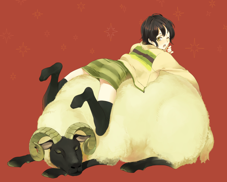 ie, ie (mochi), original, 1girl, black hair, brown eyes, female focus, lying, one eye closed, sheep, short hair, solo, thighhighs, wink