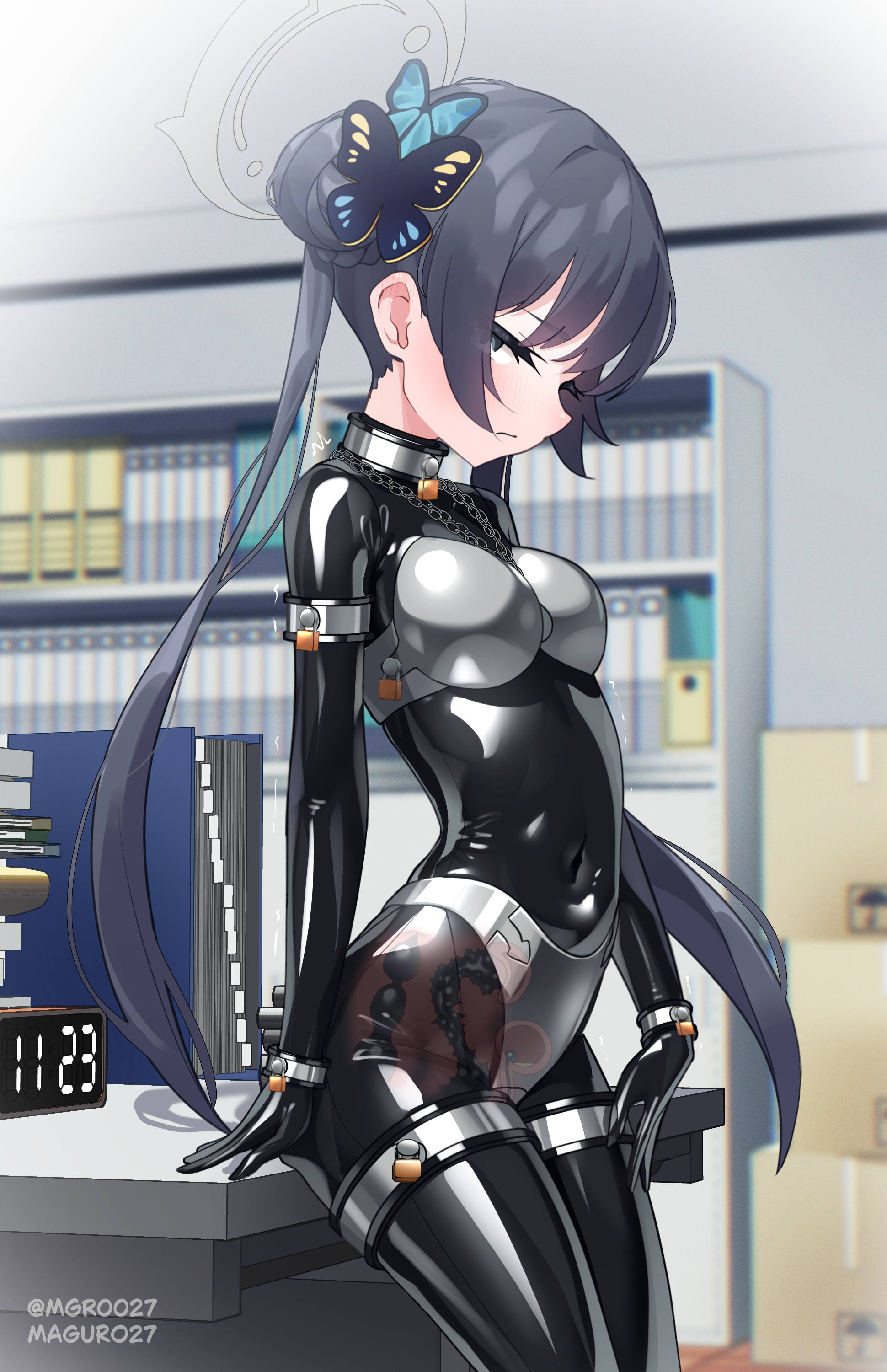 maguro27, kisaki (blue archive), blue archive, absurdres, commentary request, highres, 1girl, anal, anal object insertion, black hair, bodysuit, box, butterfly hair ornament, cardboard box, chain, chastity belt, chastity bra, clock, covered navel, cowboy shot, day, desk, digital clock, eyes visible through hair, grey eyes, hair bun, hair ornament, indoors, latex, latex bodysuit, lock, looking at viewer, metal arm cuffs, metal wrist cuffs, object insertion, padlock, shelf, solo, thigh cuffs, twitter username, urethral insertion, vaginal, vaginal object insertion, x-ray
