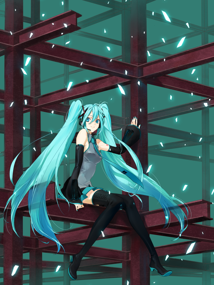 ie, ie (mochi), hatsune miku, vocaloid, 1girl, aqua eyes, aqua hair, construction site, detached sleeves, female focus, long hair, sitting, solo, thighhighs, twintails, very long hair