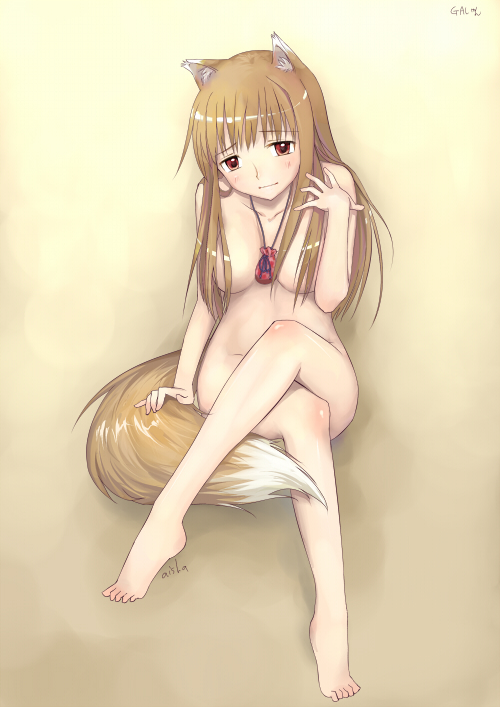 aisha callaaisha, holo, spice and wolf, 00s, 1girl, animal ears, barefoot, breasts, crossed legs, feet, female focus, full body, gradient background, nude, simple background, sitting, solo, tail, wolf ears, wolf tail, yellow background