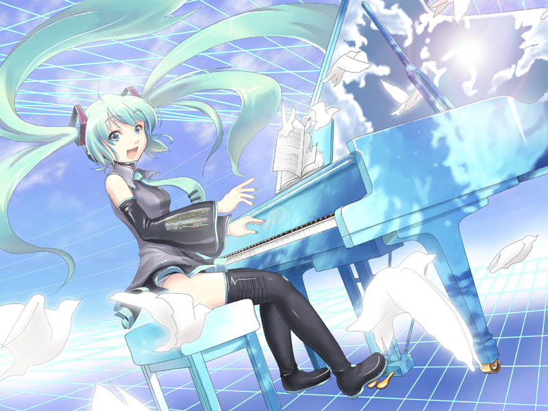 k2pudding, hatsune miku, vocaloid, md5 mismatch, 1girl, aqua hair, aqua nails, bird, day, female focus, grand piano, headset, instrument, nail polish, necktie, panties, piano, piano bench, skirt, sky, solo, striped clothes, striped panties, thighhighs, underwear