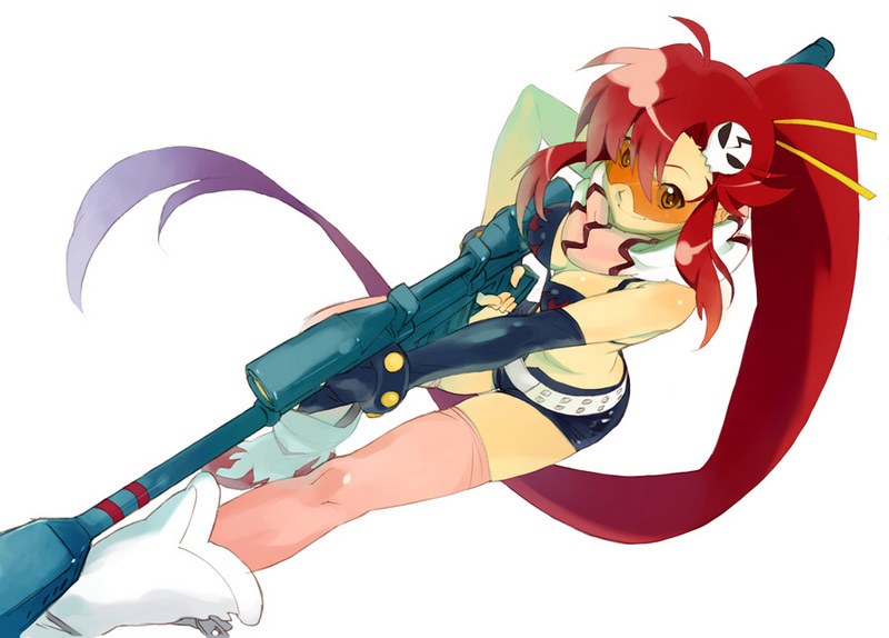 yoko littner, tengen toppa gurren lagann, 00s, 1girl, female focus, gun, red hair, safety glasses, solo, sunglasses, thighhighs, tinted eyewear, weapon, yellow-tinted eyewear