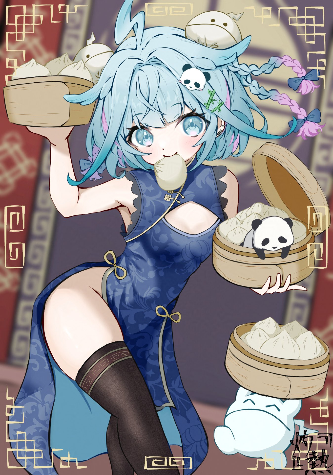boboboburning, character request, copyright request, highres, 1girl, bare arms, black thighhighs, blue dress, blue eyes, blue hair, breasts, china dress, chinese clothes, double bun, dress, food, hair bun, holding, mouth hold, pelvic curtain, sleeveless, sleeveless dress, small breasts, solo, thighhighs, thighs