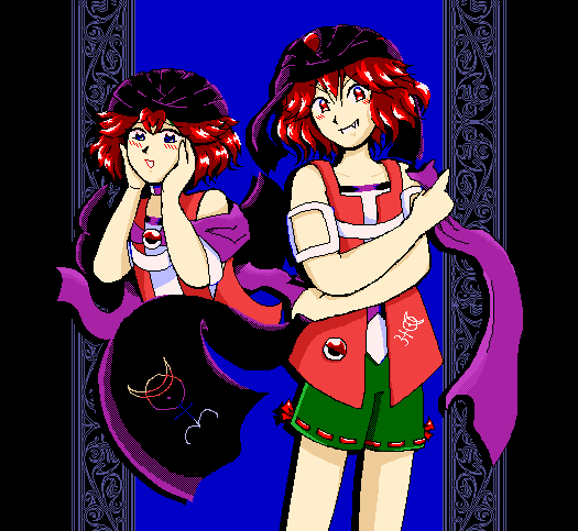 monad, arde (len'en), cine hamal, kuzu suzumi, len'en, touhou, touhou (pc-98), commentary, english commentary, 2others, androgynous, bandana, bare shoulders, black bandana, black scarf, blue eyes, blush stickers, brooch, brown hair, closed mouth, cropped torso, crossed arms, dual persona, eye brooch, eye of senri, fangs, fangs out, feet out of frame, game screenshot background, green shorts, hands on own cheeks, hands on own face, hands on own hips, happy, holding, holding unworn clothes, holding unworn scarf, jacket, jewelry, looking at viewer, multiple others, open clothes, open jacket, open mouth, orange jacket, other focus, parody, pixel art, purple scarf, purple shirt, red eyes, red ribbon, ribbon, ribbon-trimmed shorts, ribbon legwear, ribbon trim, scarf, screenshot background, shirt, short hair, shorts, sleeveless, sleeveless jacket, sleeveless shirt, smile, standing, style parody, turban, two-sided scarf, two-tone shirt, unworn scarf, white shirt, wonderteo