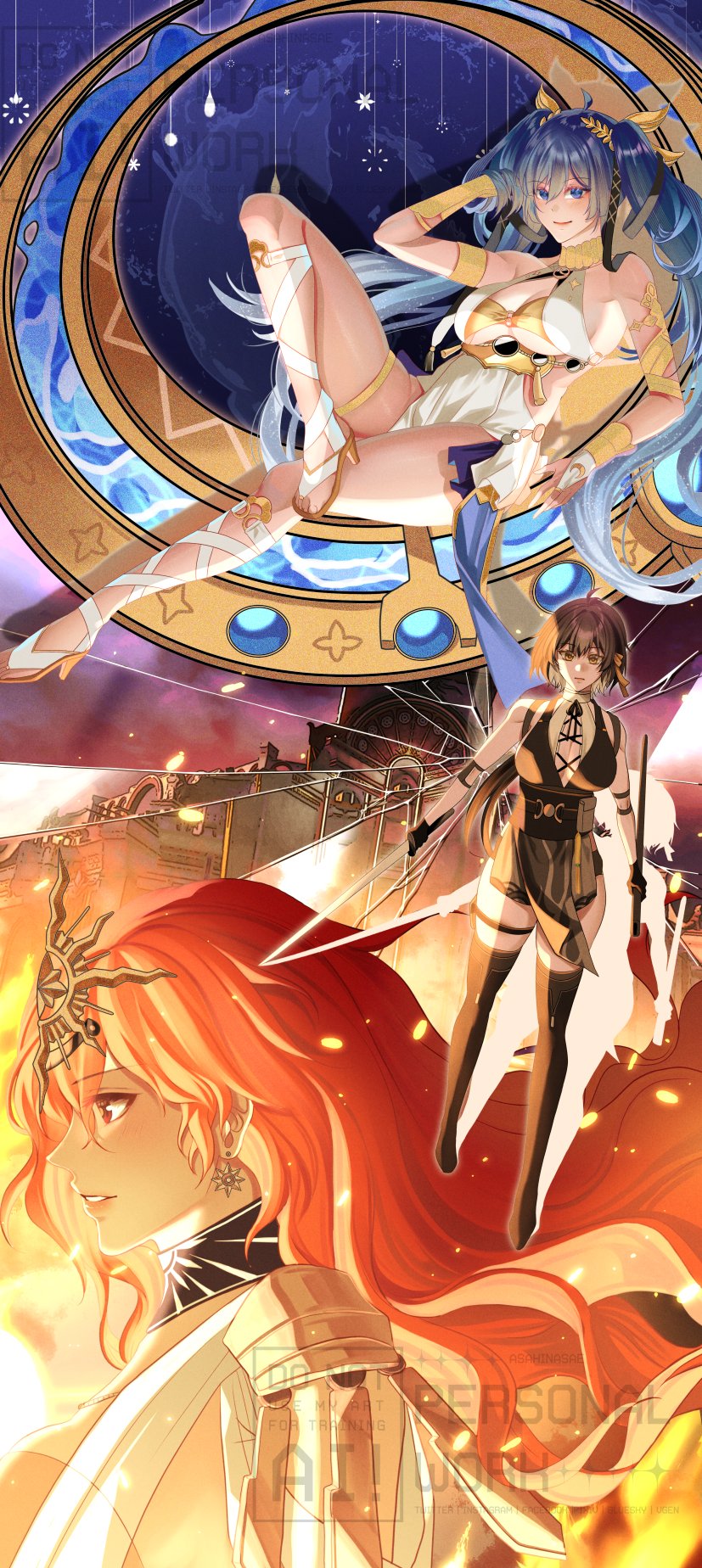 sae (asahinasae), augusta (wuthering waves), female rover (wuthering waves), iuno (wuthering waves), rover (wuthering waves), wuthering waves, highres, 3girls, ancient greek clothes, arm armor, arm up, armlet, bare shoulders, black boots, black dress, black gloves, black hair, black skirt, blue eyes, blue hair, boots, breasts, cleavage, dress, earrings, elbow pads, gloves, gold bra, greco-roman clothes, head wreath, headgear, holding, holding sword, holding weapon, jewelry, large breasts, long hair, multiple girls, orange hair, pouch, red eyes, skirt, sleeveless, sleeveless dress, sun earrings, sword, thigh boots, thigh pouch, thighlet, thighs, twintails, very long hair, weapon, white dress