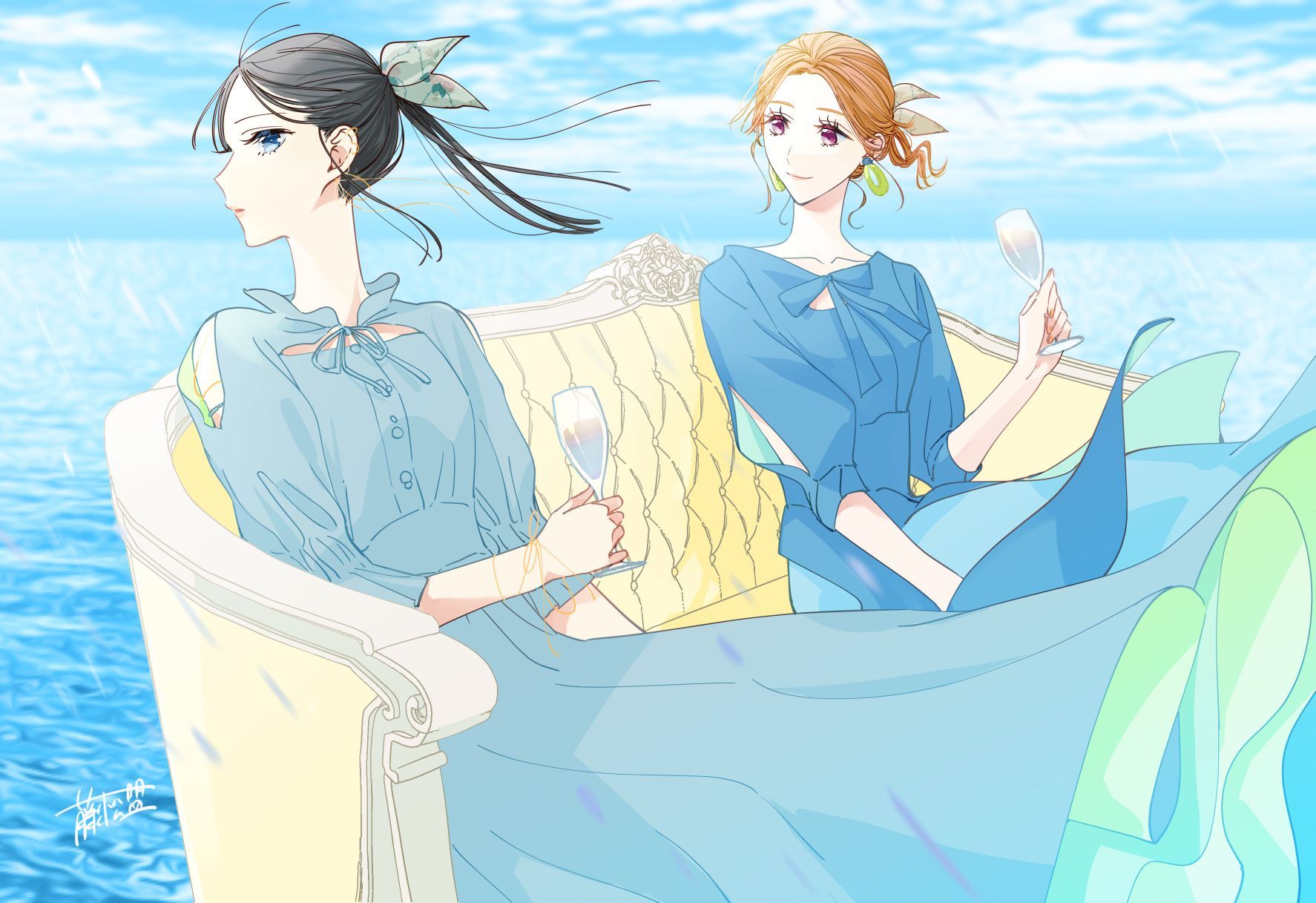 fujimatsu mei, original, commentary, english commentary, highres, 2girls, black hair, blue dress, blue eyes, bow, closed mouth, collarbone, cup, dress, dress bow, drinking glass, earrings, eyelashes, floating clothes, floating hair, holding, holding cup, jewelry, long dress, long hair, long sleeves, looking at another, looking to the side, multiple girls, ocean, on bench, orange hair, outdoors, purple eyes, sitting, smile, surreal, turning head, water, wind, wine glass
