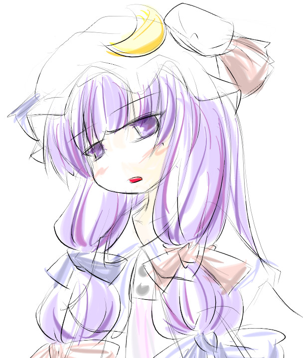 natsuki (silent selena), patchouli knowledge, touhou, 1girl, crescent, female focus, hat, long hair, purple hair, solo