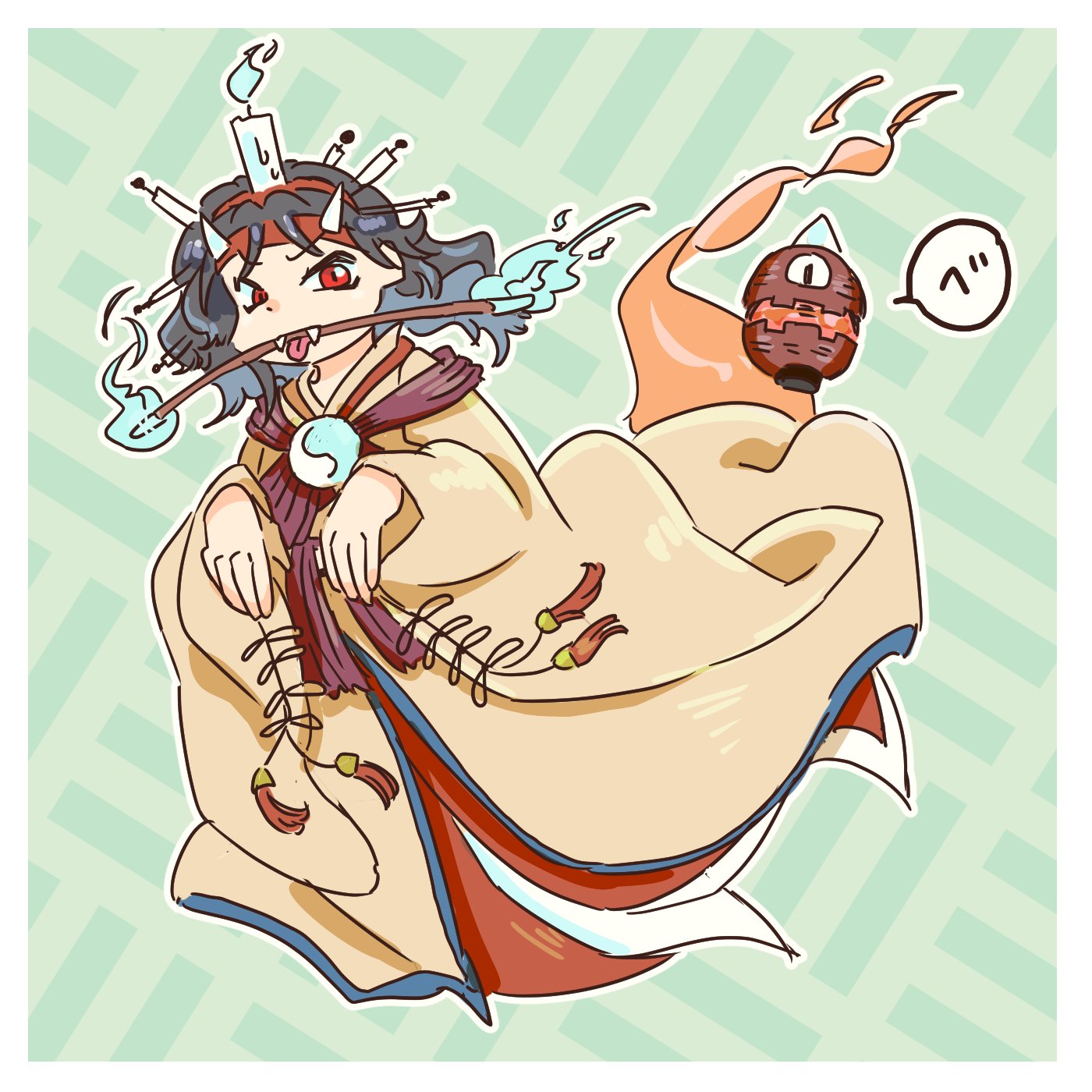 chikafumikou, taira no chouki, len'en, highres, translation request, 1other, androgynous, black hair, blue fire, border, bow, bowtie, brooch, brown kimono, burabura, candle on head, demon horns, fake horns, fangs, fire, full body, ghost pose, ghost tail, green background, hair ornament, hairband, hairpin, happy, headband, horns, japanese clothes, jewelry, kimono, long sleeves, looking at viewer, medium hair, mouth guard, multiple hairpins, open mouth, other focus, red bow, red bowtie, red eyes, red hairband, red headband, sleeve ribbon, smile, solo, speech bubble, striped bow, striped bowtie, striped clothes, tassel, tongue, wavy hair, white border, white horns, wide sleeves
