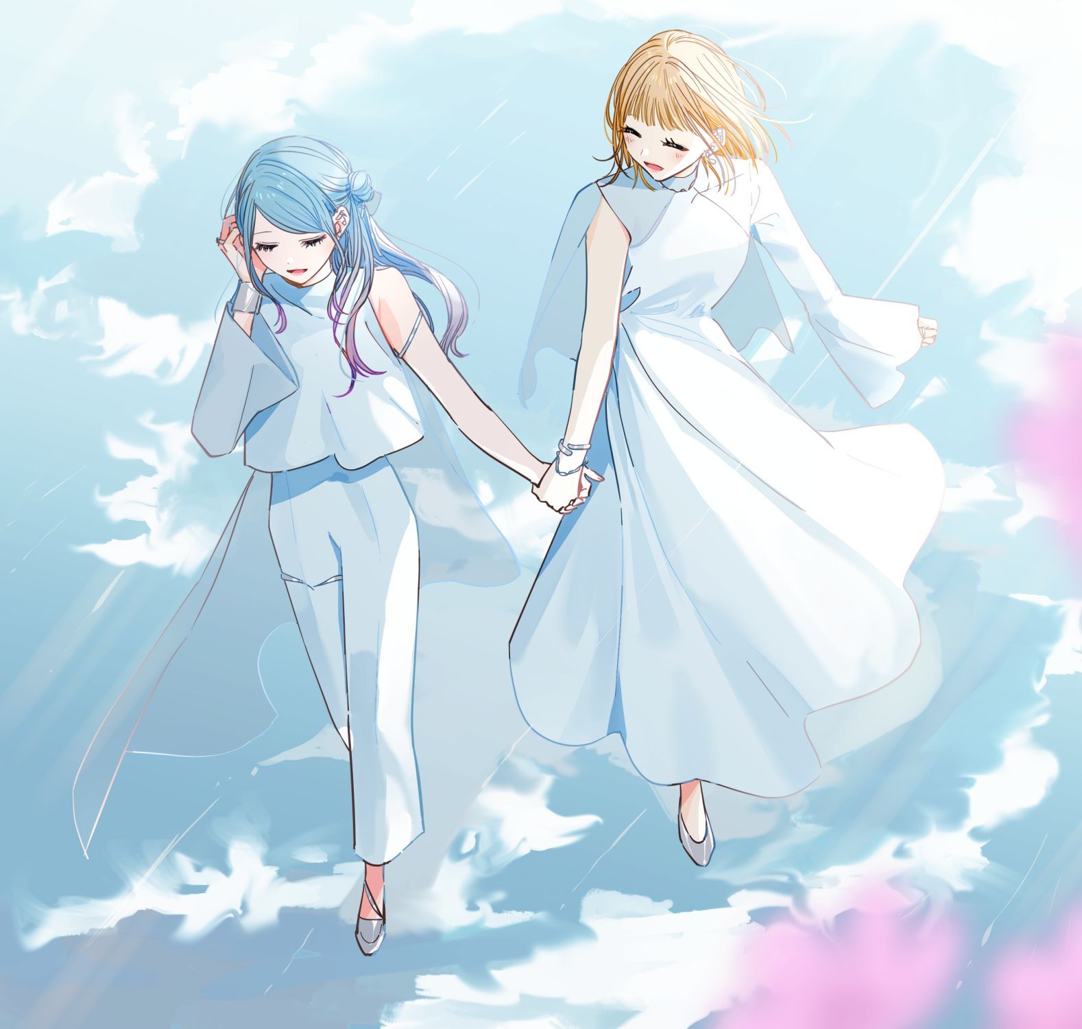 fujimatsu mei, original, commentary, english commentary, highres, 2girls, above clouds, aqua hair, asymmetrical sleeves, blonde hair, closed eyes, cloud, dress, eyelashes, from above, grey shoes, high heels, holding hands, long dress, long hair, long sleeves, multiple girls, open mouth, pants, pumps, shirt, shoes, single sleeve, smile, surreal, walking, white dress, white pants, white shirt, wide sleeves