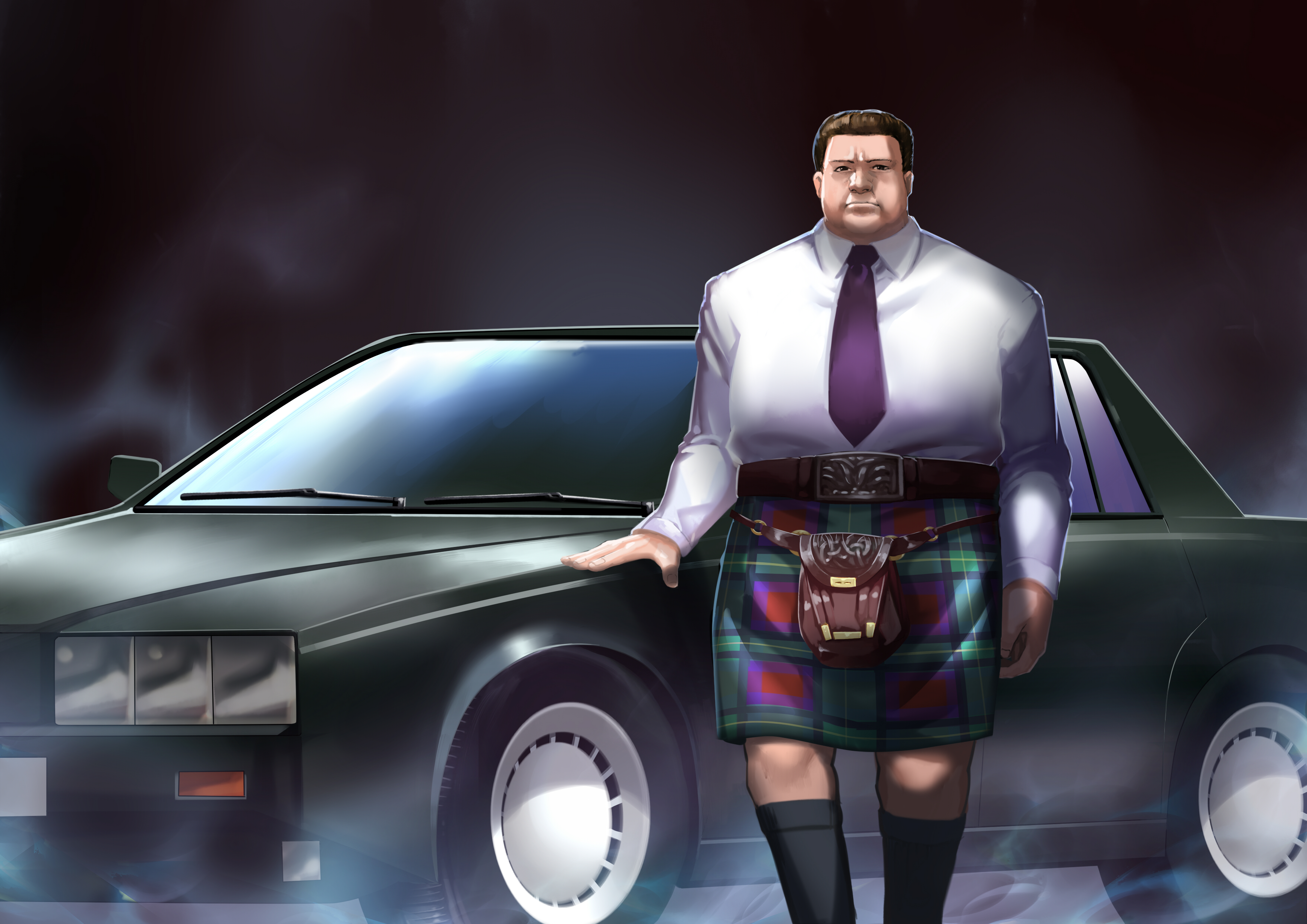 aston martin, absurdres, highres, non-web source, belt, belt buckle, brown belt, brown hair, buckle, car, fat, fat man, fog, formal clothes, kilt, long sleeves, looking at viewer, motor vehicle, necktie, old, old man, plump, shirt, short hair, sporran, standing, white shirt