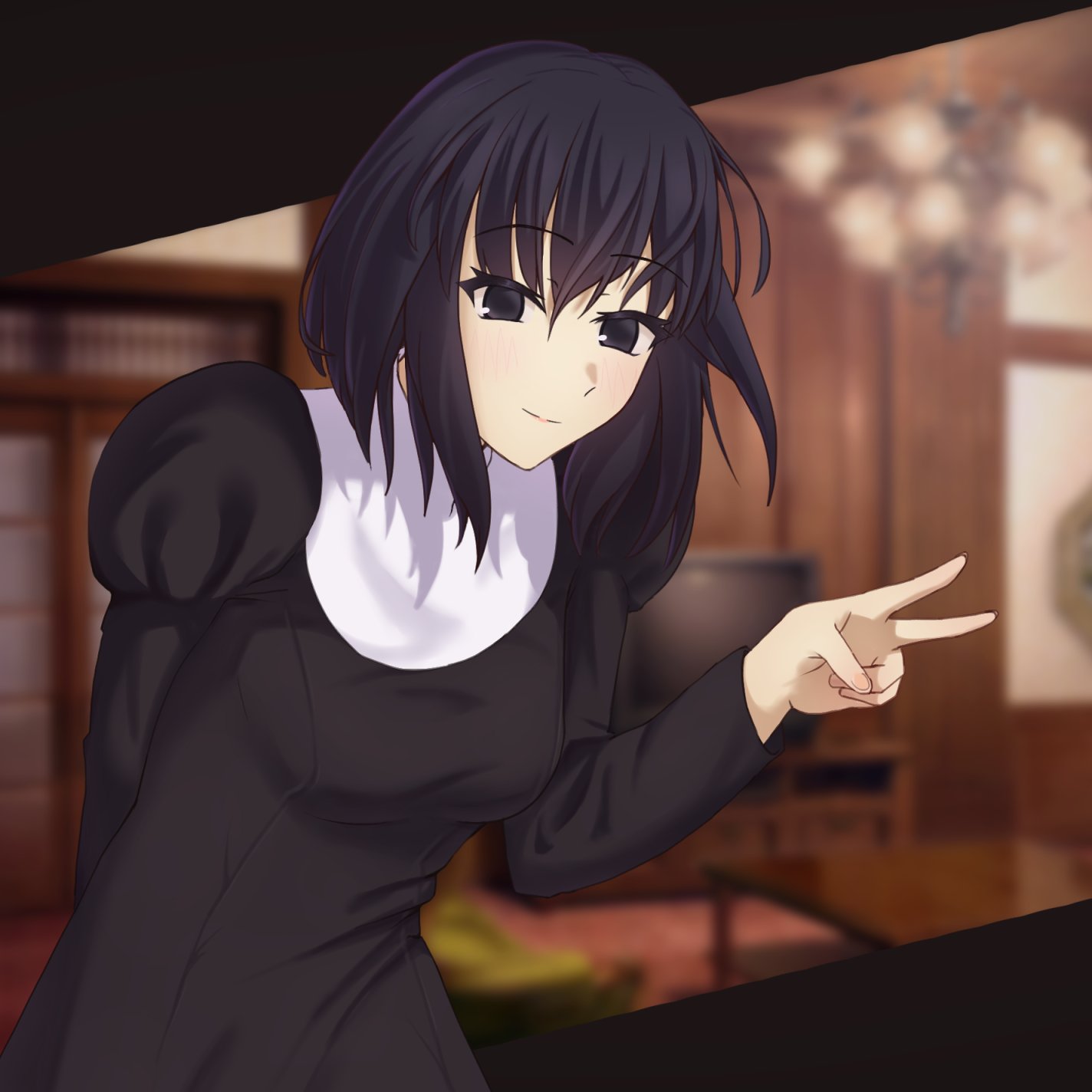 okikumo, kuonji alice, mahou tsukai no yoru, type-moon, highres, 1girl, black dress, black eyes, black hair, dress, looking at viewer, medium hair, smile, solo, v