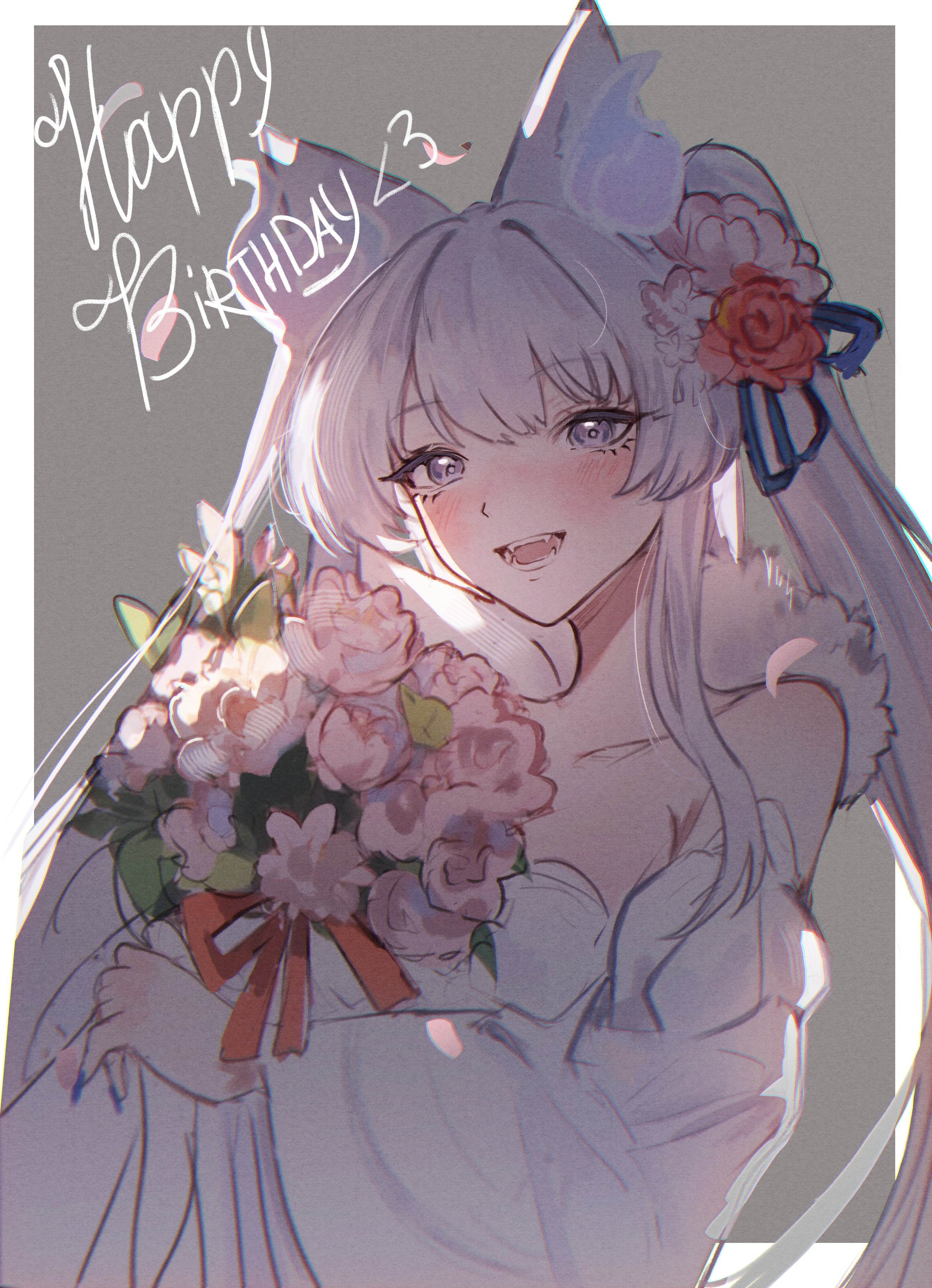 yuki hana, zaikiai, indie virtual youtuber, 1girl, birthday, blush, english text, fangs, flower, grey hair, happy birthday, holding, holding flower, purple eyes, smile, solo, teeth, twintails, virtual youtuber