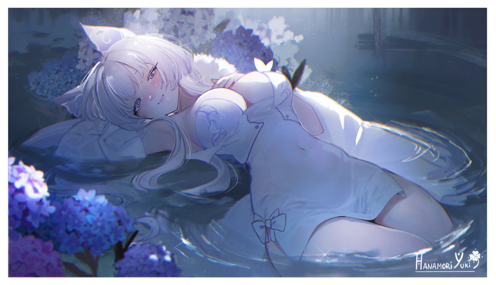 zaikiai, indie virtual youtuber, 1girl, animal ears, blush, breasts, cleavage, dress, grey hair, long hair, lying, on back, purple eyes, solo, virtual youtuber, water