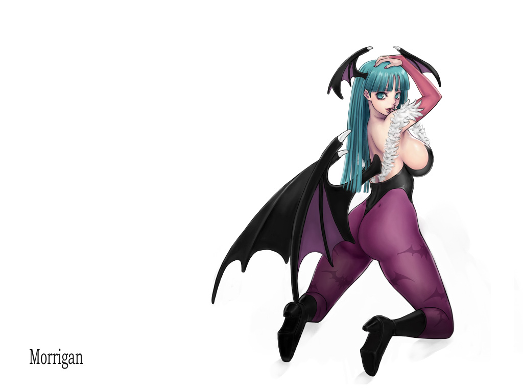 ark (morita hitomi), morrigan aensland, capcom, darkstalkers, 1girl, animal print, ass, bat print, black shoes, breasts, character name, demon girl, female focus, from side, full body, green hair, head wings, kneeling, large breasts, leotard, looking at viewer, looking to the side, low wings, pantyhose, patterned legwear, pink eyes, print pantyhose, purple pantyhose, shoes, sideboob, simple background, solo, wings