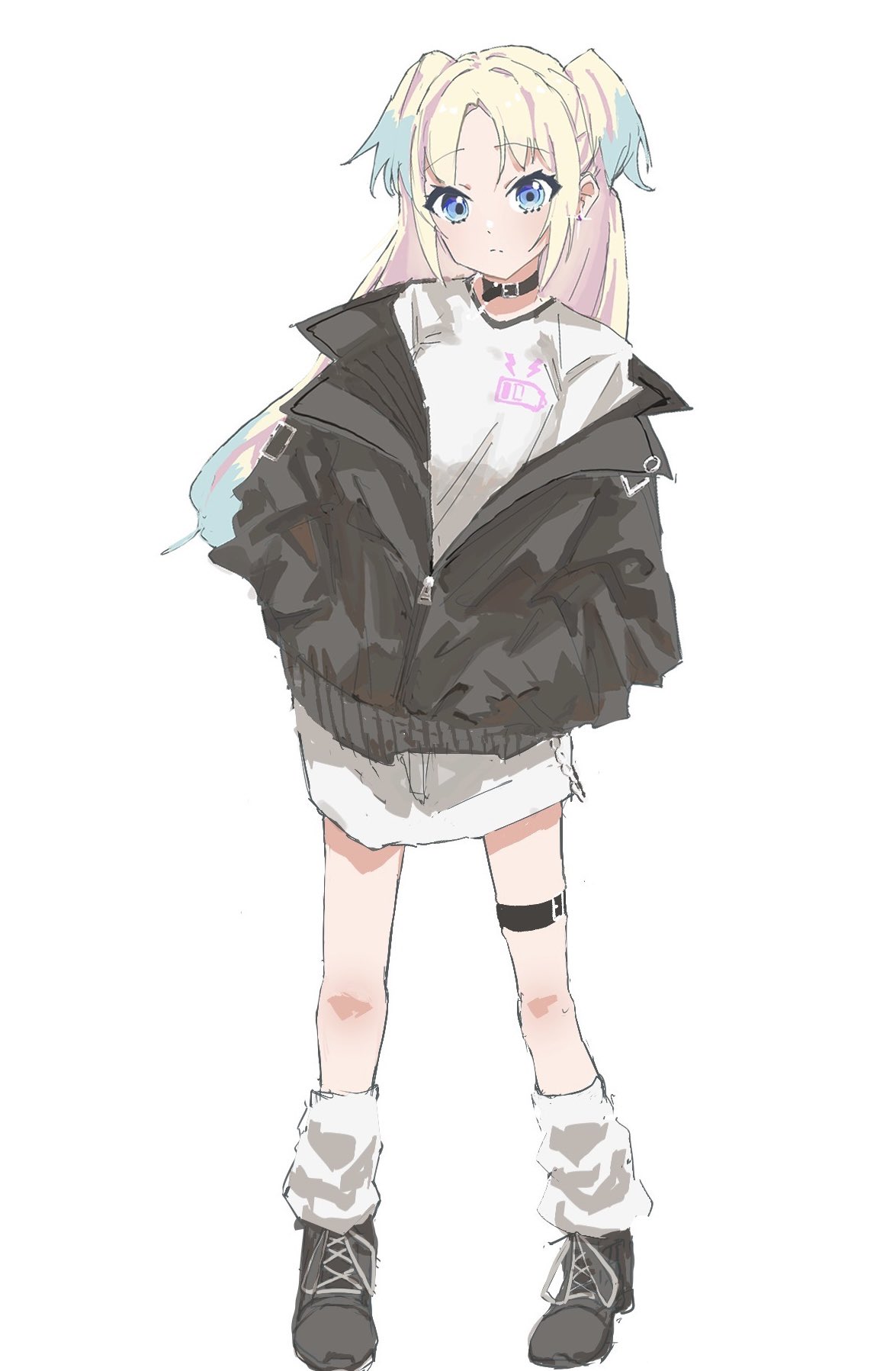 zen66574227, osawa rurino, link! like! love live!, love live!, commentary request, highres, 1girl, alternate costume, belt collar, black collar, black jacket, black shoes, blonde hair, blue eyes, blue hair, blush, closed mouth, collar, full body, gradient hair, hands in pockets, jacket, light frown, long shirt, loose socks, multicolored hair, off shoulder, parted bangs, shirt, shoes, sneakers, socks, solo, split mouth, standing, swimsuit, t-shirt, thigh strap, virtual youtuber, white background, white shirt