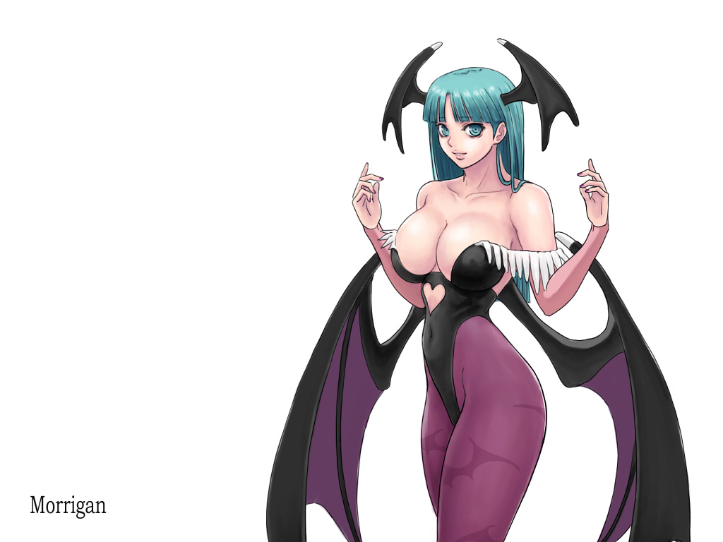 ark (morita hitomi), morrigan aensland, capcom, darkstalkers, 1girl, animal print, bat print, breasts, character name, cowboy shot, female focus, fingernails, head wings, large breasts, leotard, long fingernails, nail (hardware), nail polish, pantyhose, patterned legwear, pink nails, print pantyhose, simple background, solo, white background, wings