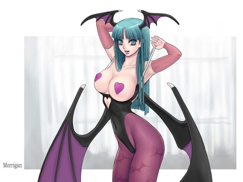 ark (morita hitomi), morrigan aensland, capcom, darkstalkers, 1girl, animal print, bare shoulders, bat print, bat wings, breasts, character name, cleavage, cosplay, curtains, demon girl, elbow gloves, female focus, garter belt, gloves, green eyes, green hair, head wings, heart, heart pasties, huge breasts, lingerie, long hair, matching hair/eyes, nipples, panties, pantyhose, pantyshot, pasties, print pantyhose, sitting, solo, spread legs, thighs, underwear, wings