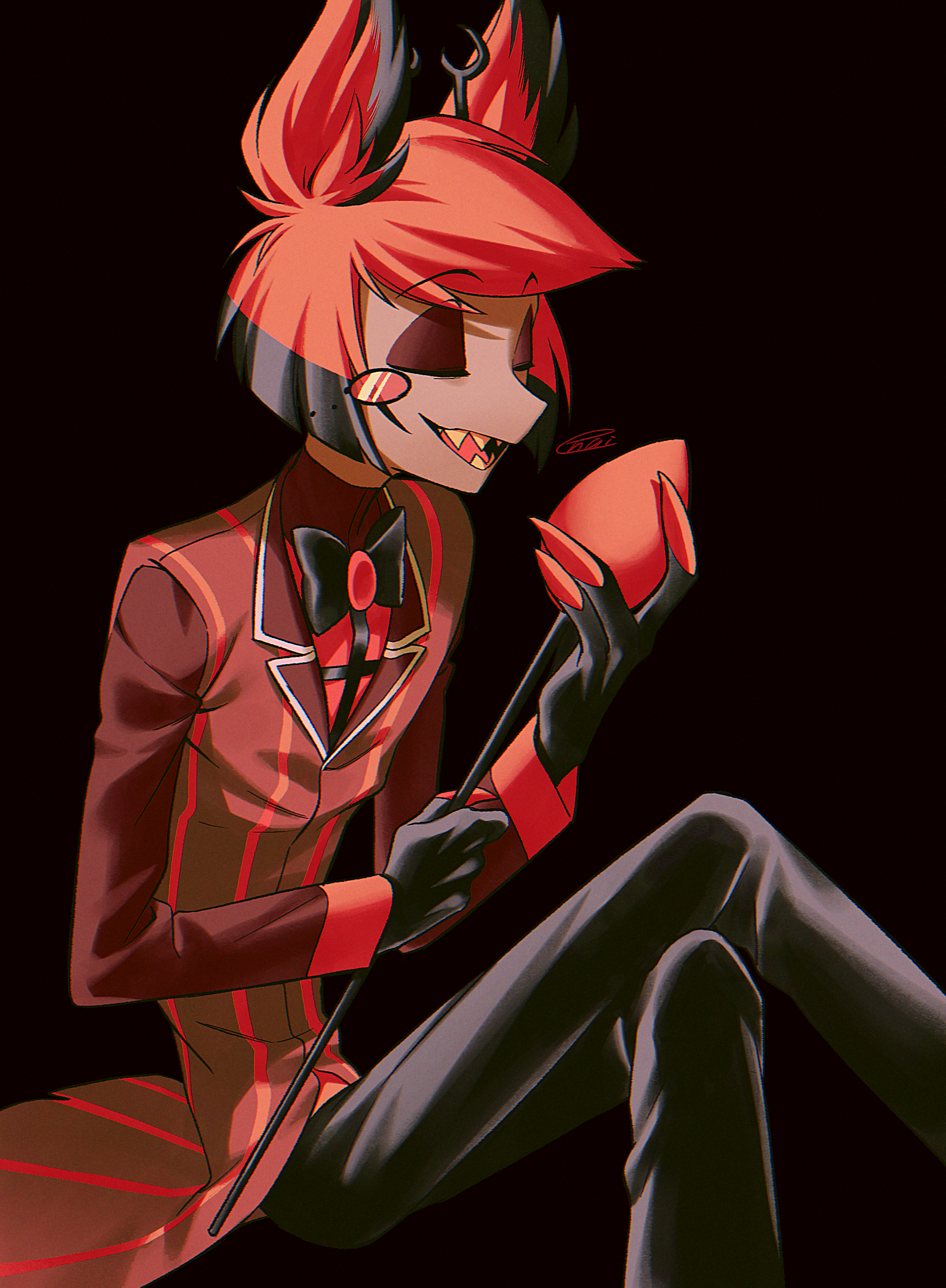 menma (enaic31), alastor (hazbin hotel), hazbin hotel, hellaverse, absurdres, commentary request, highres, 1boy, :d, antlers, black background, black bow, black bowtie, black hair, black pants, bob cut, bow, bowtie, brown eyeshadow, chromatic aberration, closed eyes, coat, colored teeth, colored tips, cross, crossed legs, dark-skinned male, dark skin, deer antlers, feet out of frame, film grain, green bow, green bowtie, hair horns, holding, holding staff, horns, invisible chair, long sleeves, male focus, monocle, multicolored hair, open mouth, pants, pinstripe coat, red brooch, red coat, red hair, red shirt, sharp teeth, shirt, short hair, signature, simple background, sitting, skinny, smile, solo, staff, teeth, tongue, two-tone hair, u u, yellow teeth
