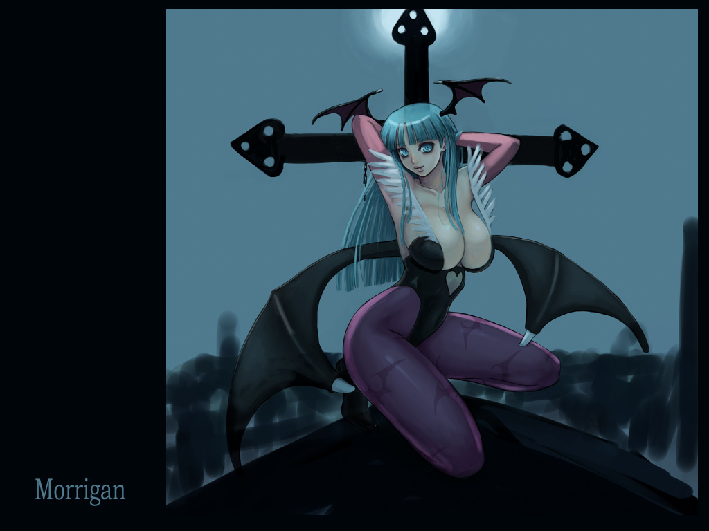 ark (morita hitomi), morrigan aensland, capcom, darkstalkers, 1girl, animal print, armpits, bare shoulders, bat print, character name, female focus, head wings, leotard, night, pantyhose, patterned legwear, print pantyhose, solo, wings